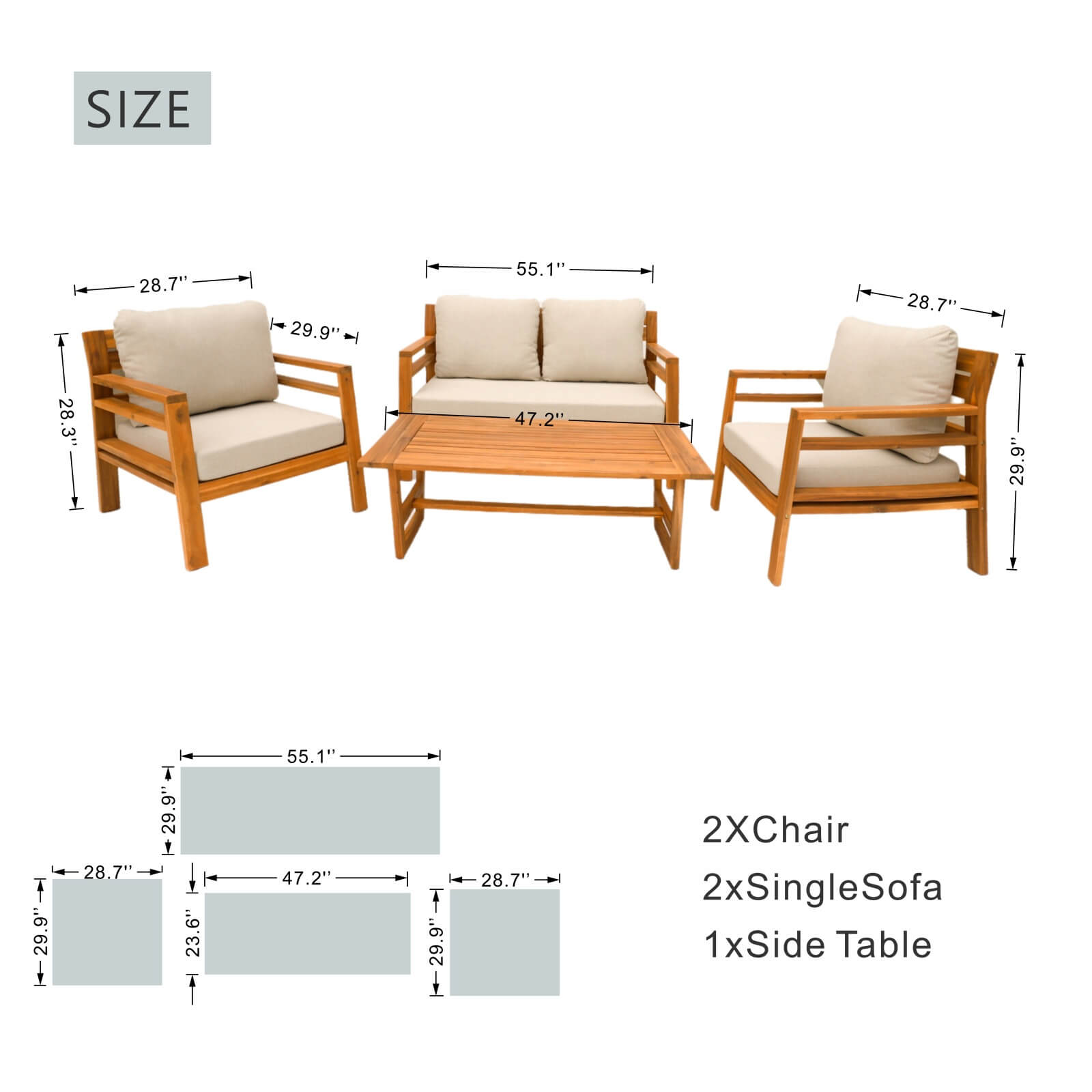 Acacia Wood 4-Piece Patio Set with Cushions(PAS-2520-19F-2SS+SS*2+TA) - Abrihome
