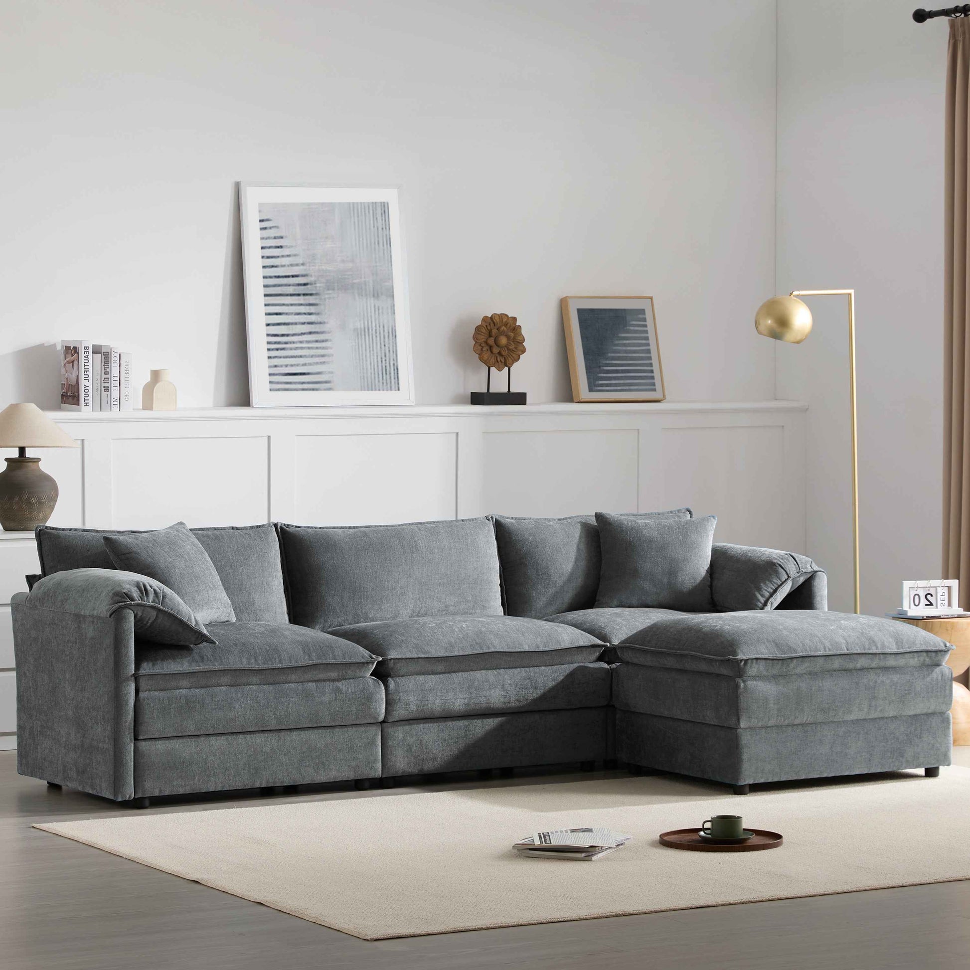 Chenille Modular Sectional Sofa with Deep and Wide Seat in Dark Gray, L Shaped Cloud Couch Set with Double Cushions, 4 Seat Sofa with Movable Ottoman