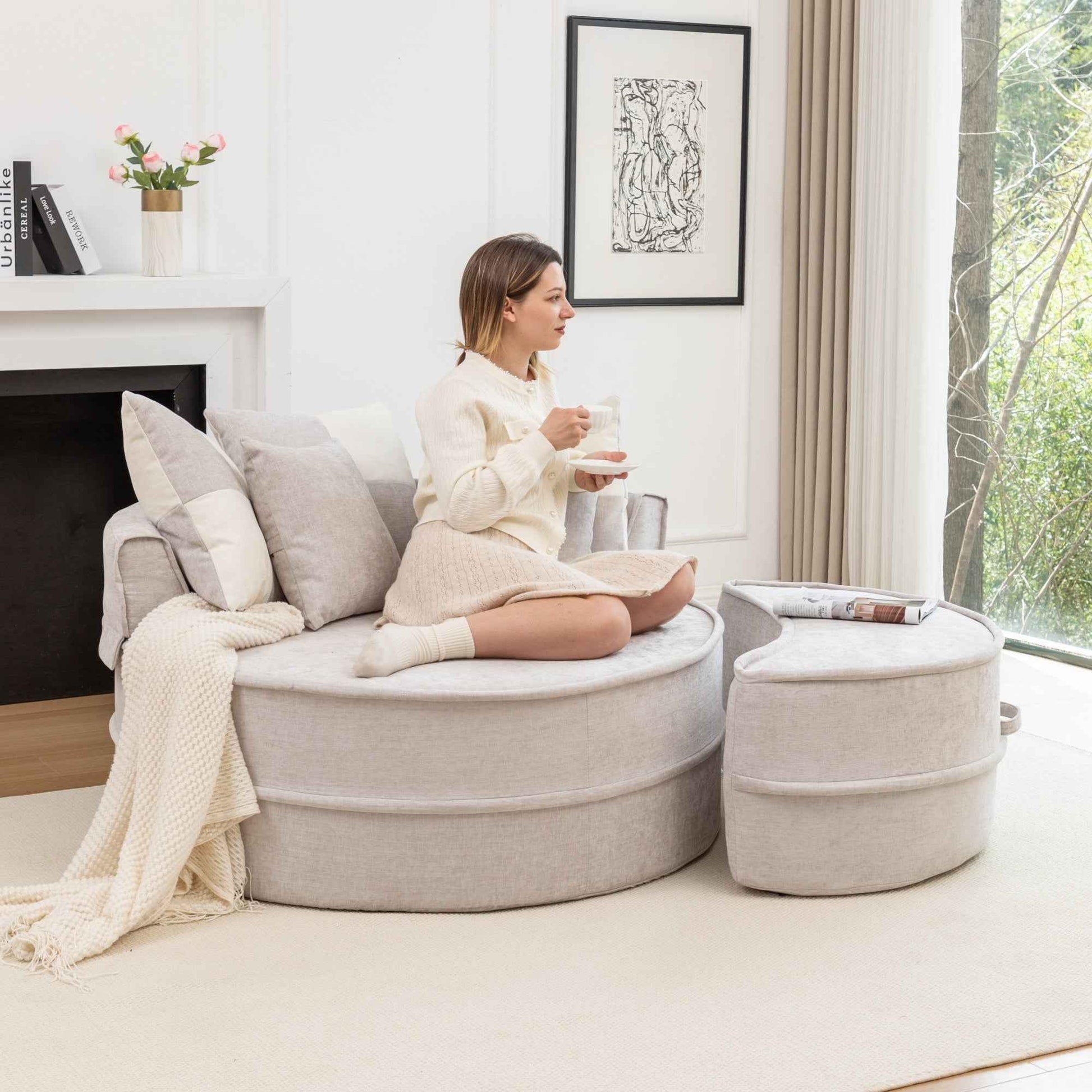 Modern Oversized  Gray Round Barrel Accent Chair with Ottoman – Velvet Upholstered Lounge Armchair with 5 Pillows for Living Room or Bedroom