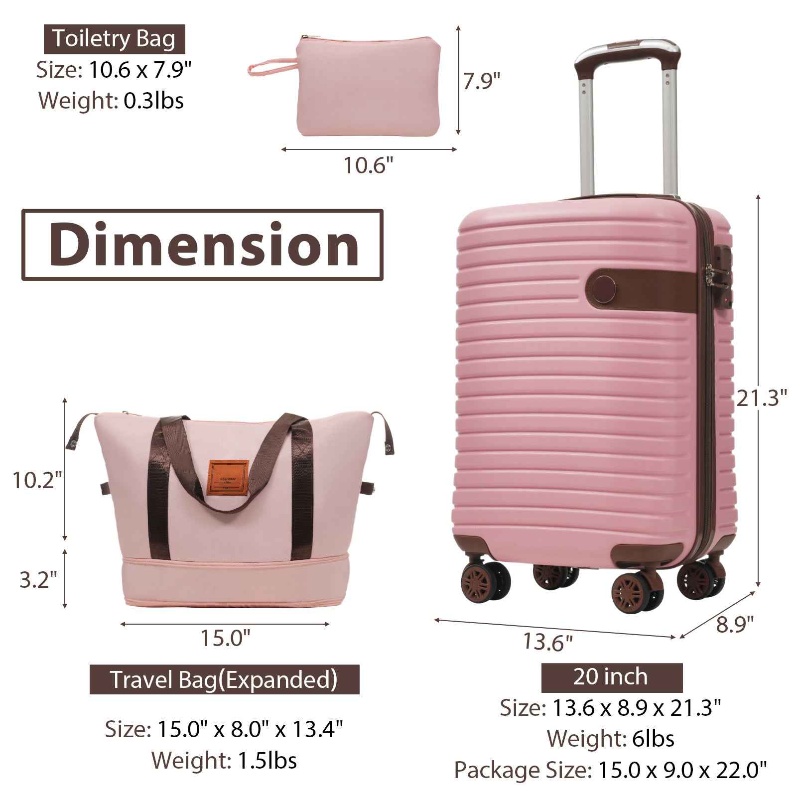 Luggage Sets 3 Piece Carry on Luggage 22x14x9 Airline Approved, Lightweight Hardshell ABS Suitcases with Wheels, 20 inch, Pink