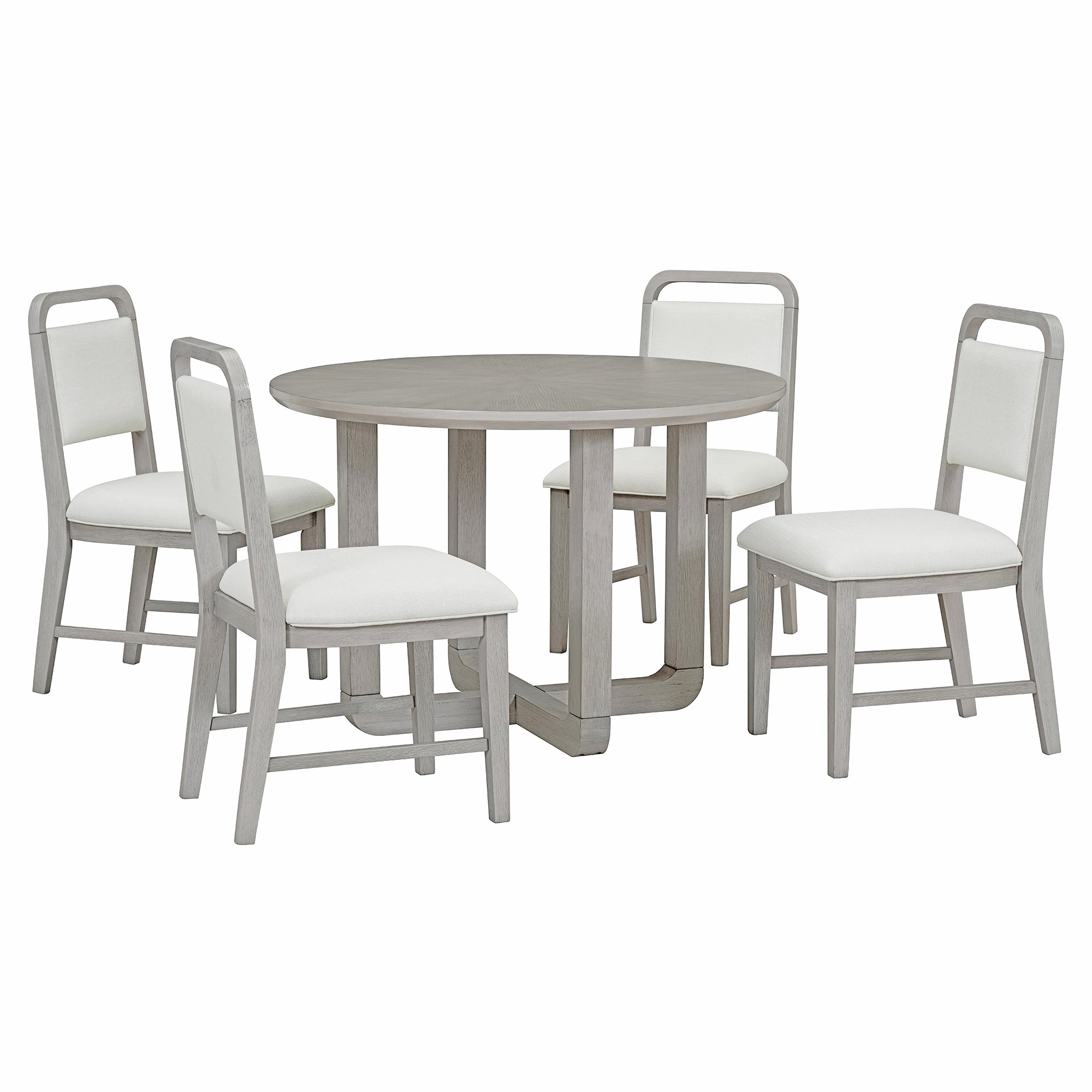 TREXM 5-Piece Retro Dining Set, Round Table Top with Radial Wood Grain Design and 4 Upholstered Chairs for Dining Room and Kitchen (Antique Gray)