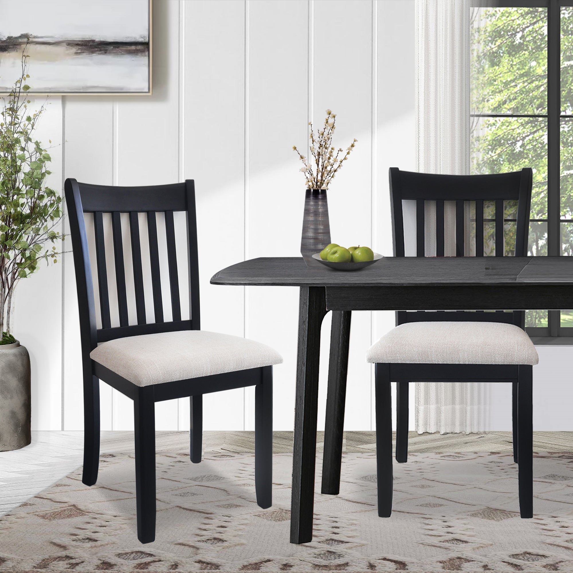 Dining Room Furniture Black Finish Set of 2 Seating Chairs Cushion Seats Wooden Back Kitchen Breakfast Chairs