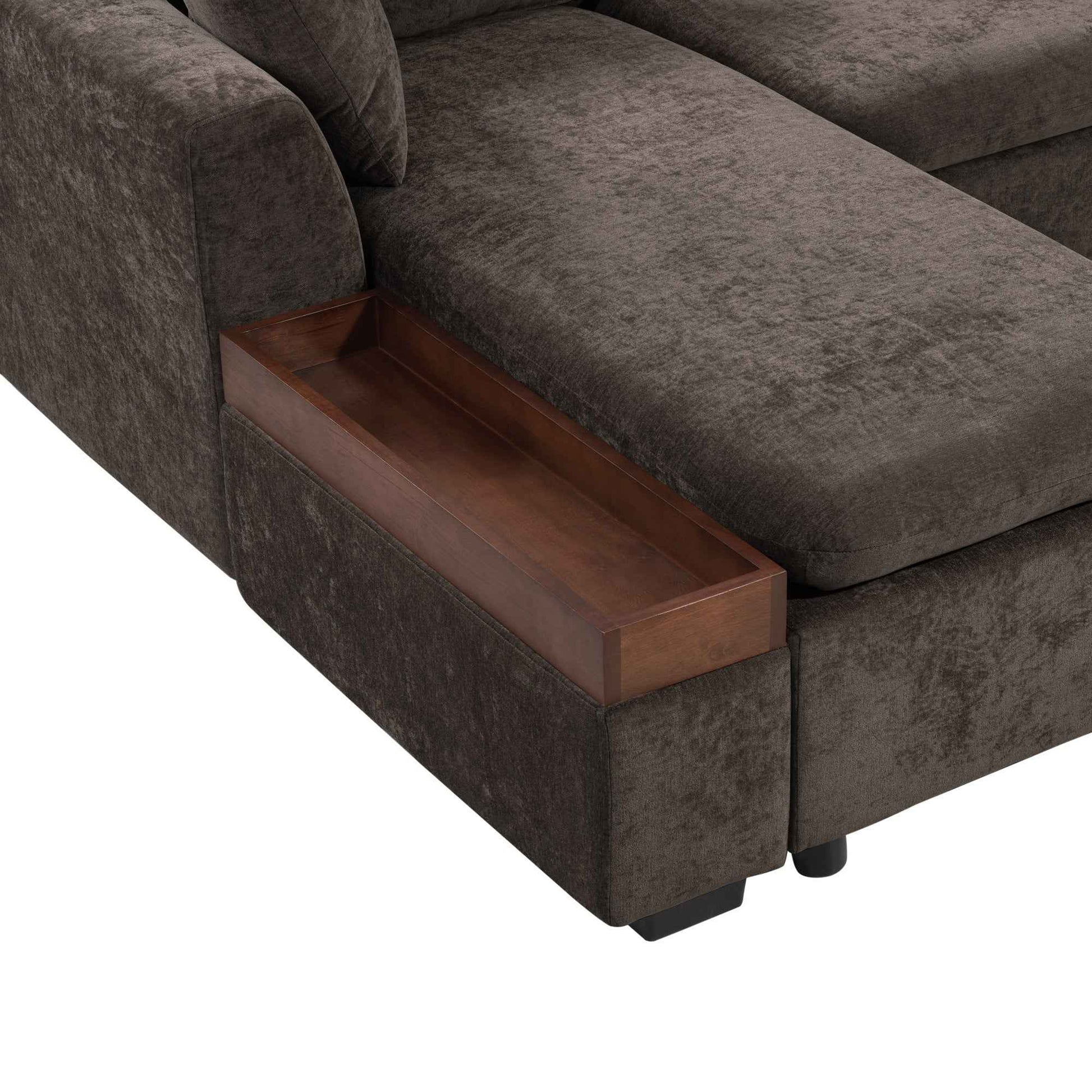 Elegant L-Shaped Sectional Sofa with Chenille Upholstery and Wooden Storage Compartment, Brown