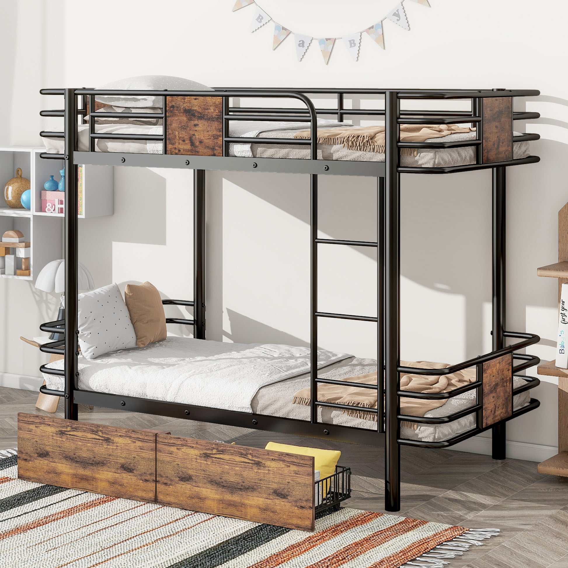 Twin XL over Twin XL Metal Bunk Bed with MDF Board Guardrail and Two Storage Drawers,Black - Abrihome
