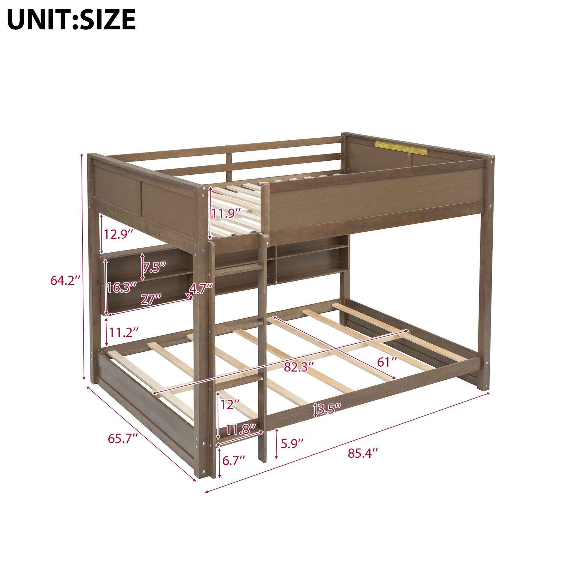 Queen over Queen Bunk Bed with Storage Cabinets and USB Ports in Antique Wood Color, Solid Pine Wood+MDF