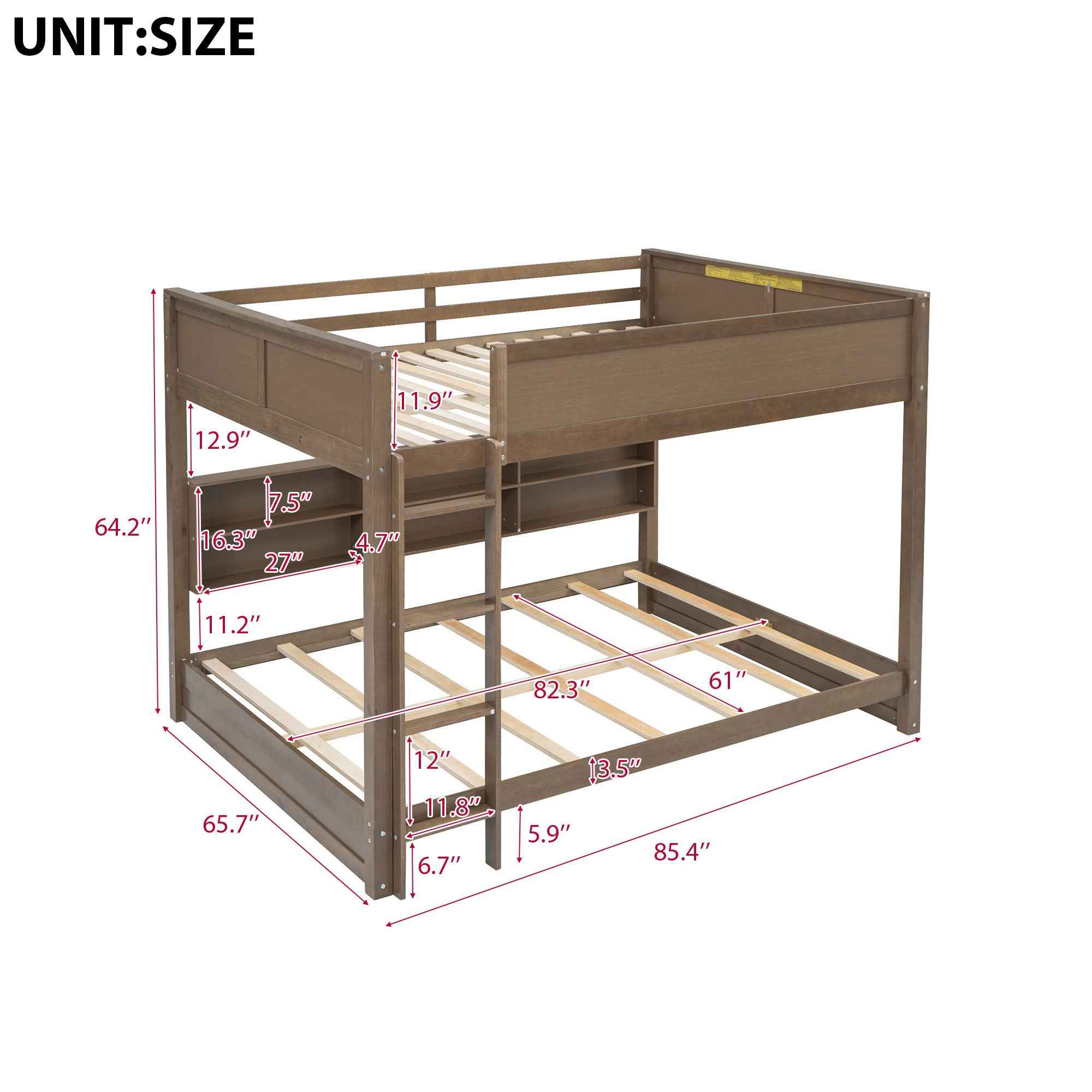 Queen over Queen Bunk Bed with Storage Cabinets and USB Ports in Antique Wood Color, Solid Pine Wood+MDF