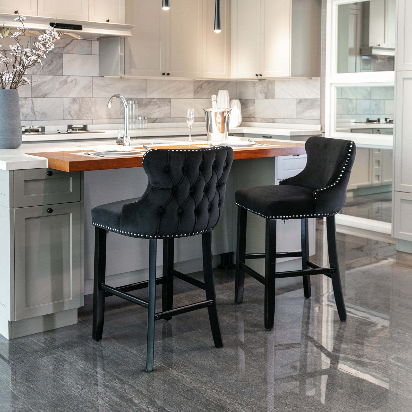 A&A Furniture,Contemporary Velvet Upholstered Wing-Back Barstools with Button Tufted Decoration and Wooden Legs, and Chrome Nailhead Trim, Leisure Style Bar Chairs,Bar stools,Set of 2 (Black),SW1824BK - Abrihome