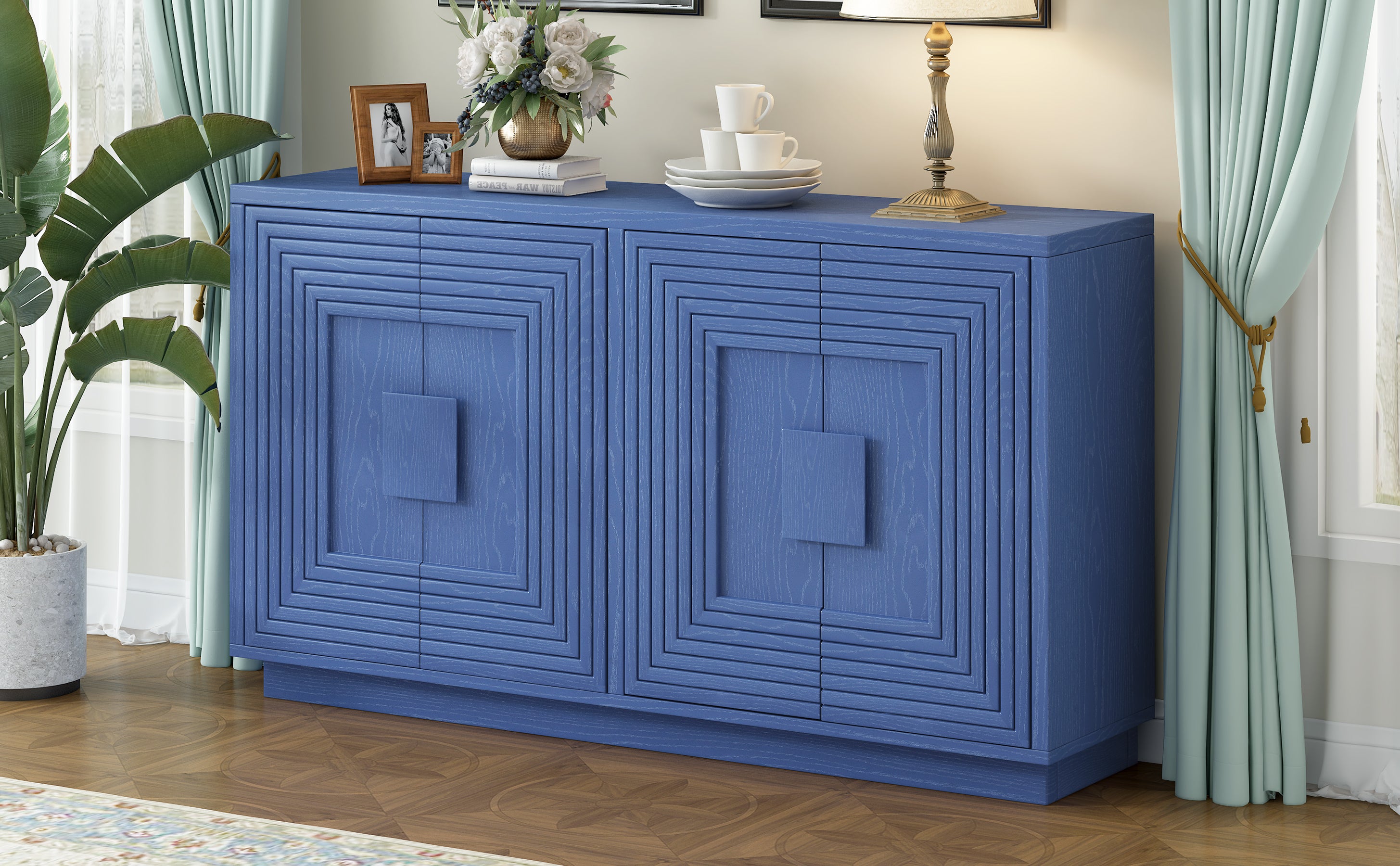 TREXM Vintage Distressed 4-Door Sideboard with Adjustable Shelves and Geometric Pattern for Dining Room, Kitchen and Living Room (Navy Blue)