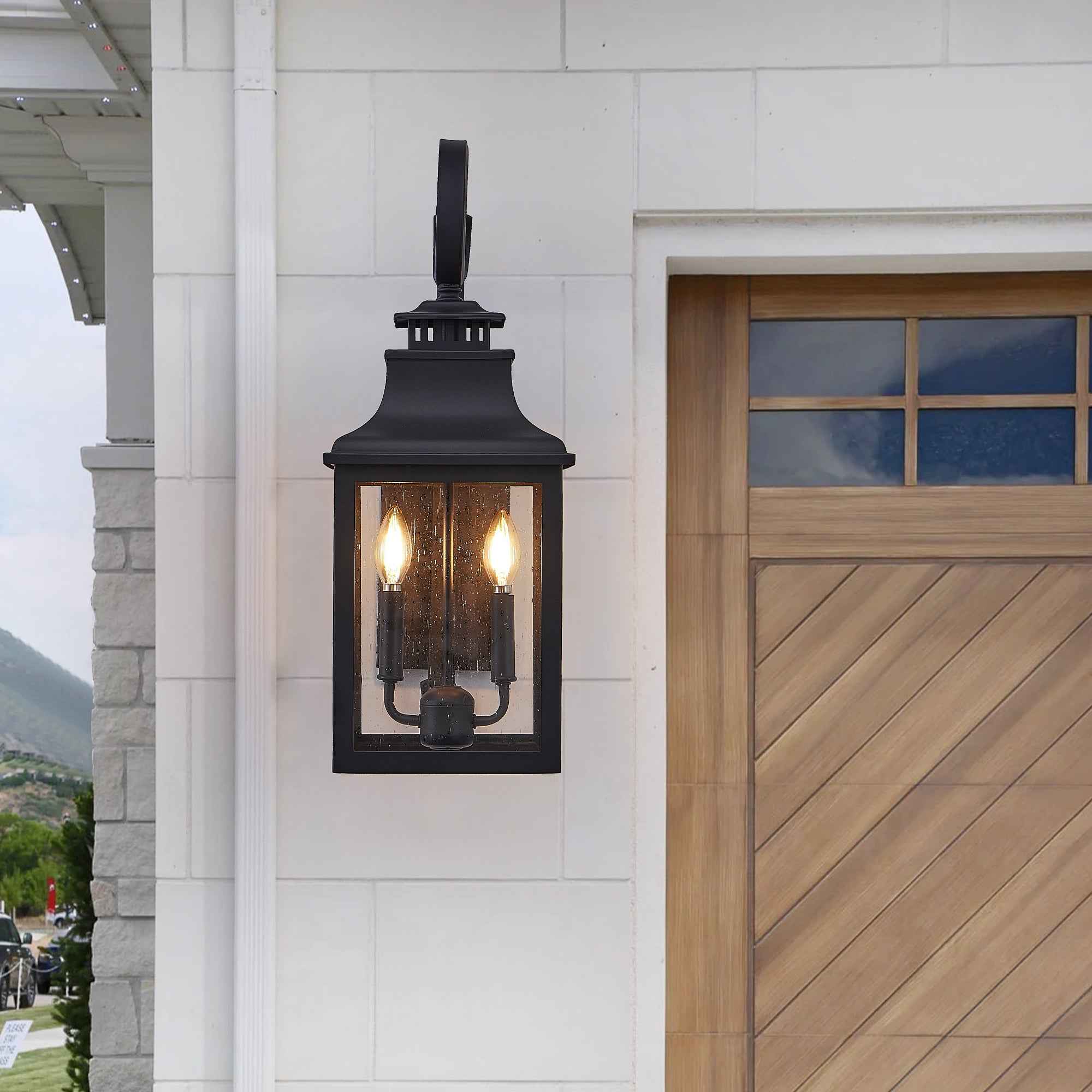 23'(H) 1-Pack Outdoor Wall Lantern Light – Vintage Black Metal Sconce with Clear Seeded Glass for Porch, Patio, and Garden (Bulb Not Included)