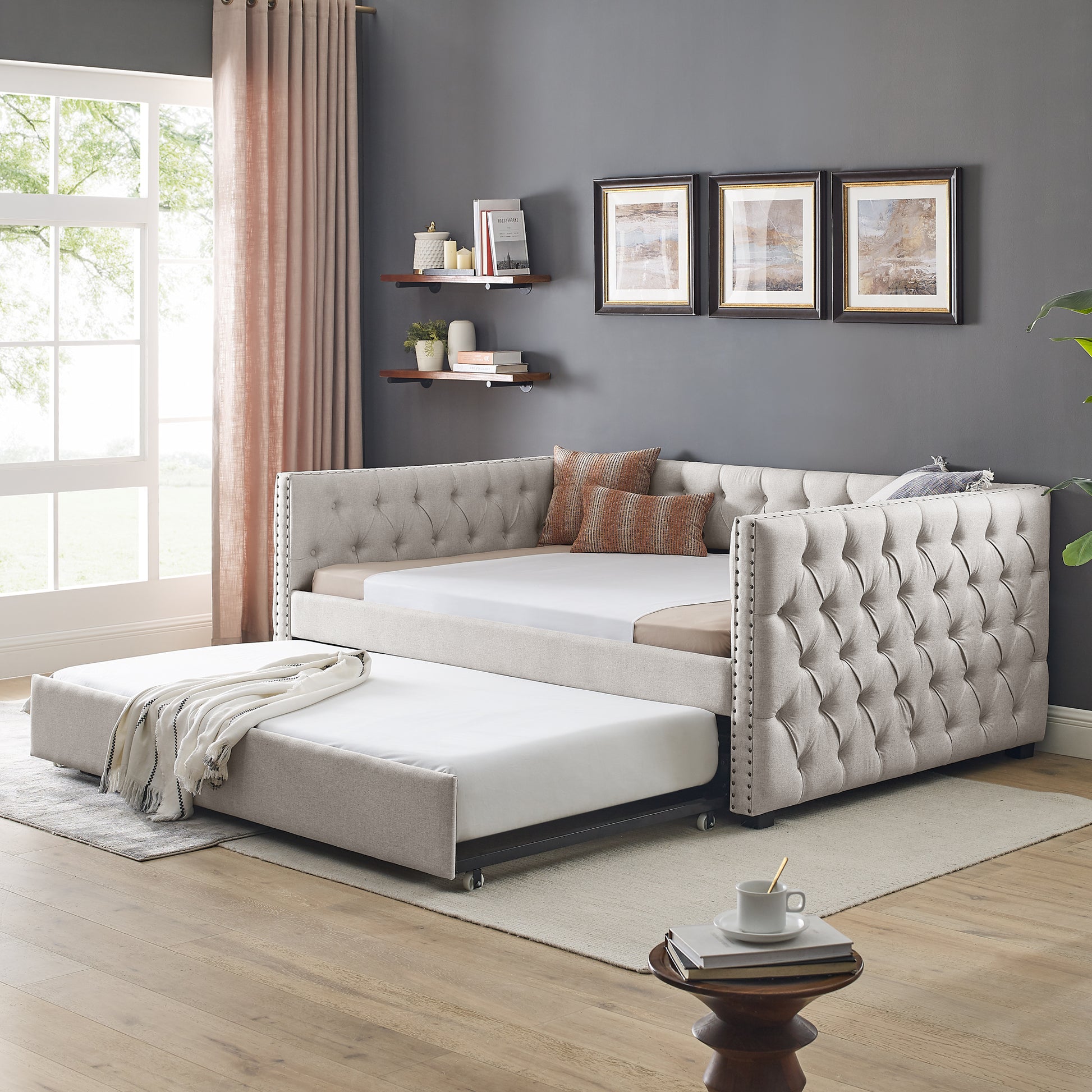 Daybed with Trundle Upholstered Tufted Sofa Bed, with Button and Copper Nail on Square Arms,Full Daybed & Twin Trundle, Beige(85"x57"x31.5") - Abrihome