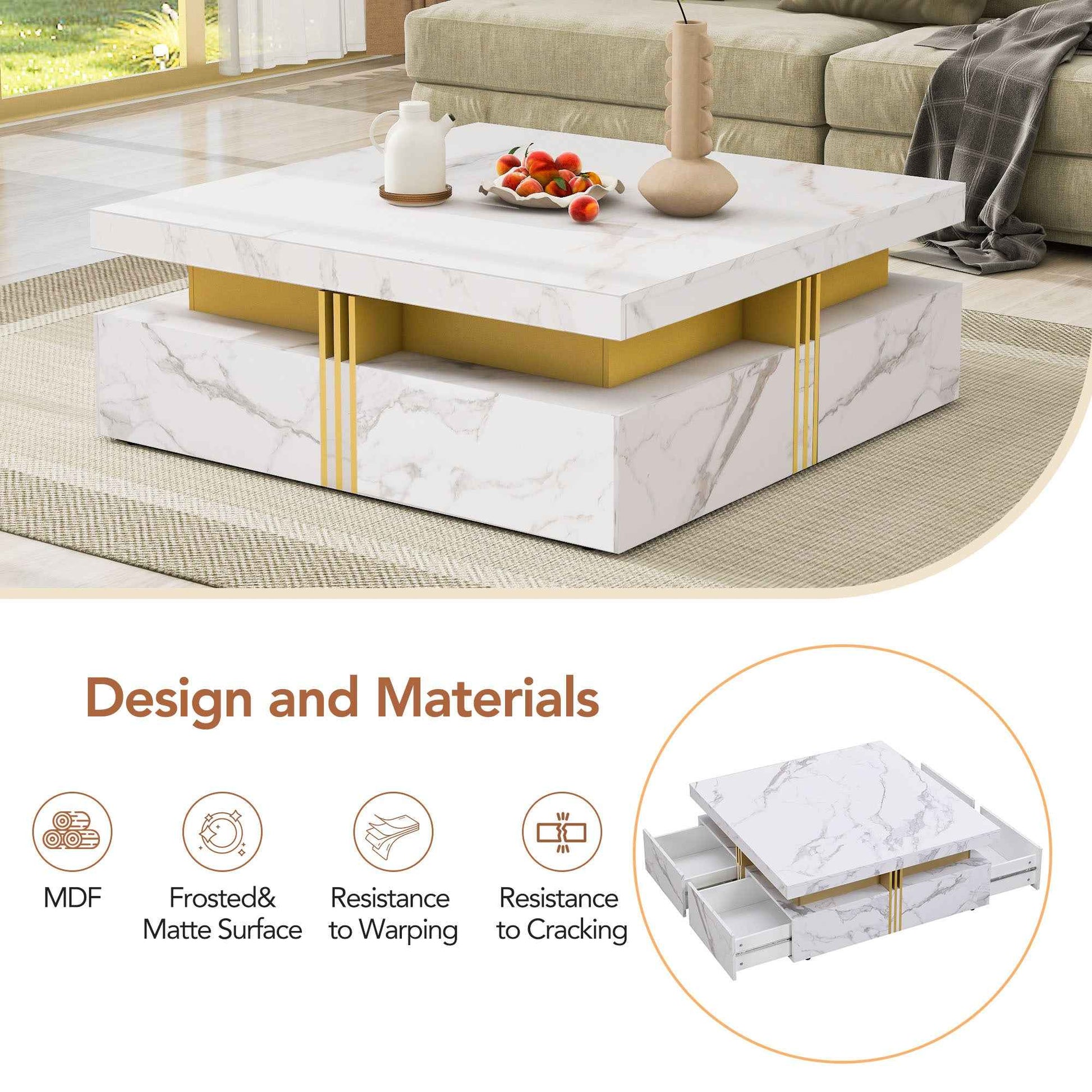 Modern White Square Storage Coffee Table with 4 Drawers