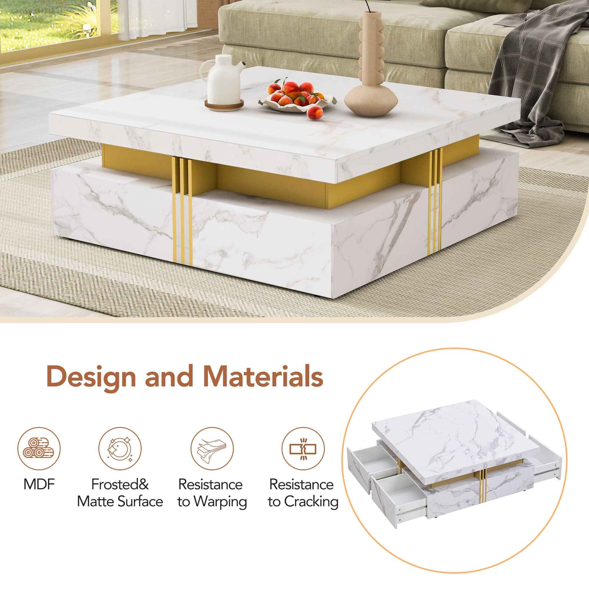 Modern White Square Storage Coffee Table with 4 Drawers