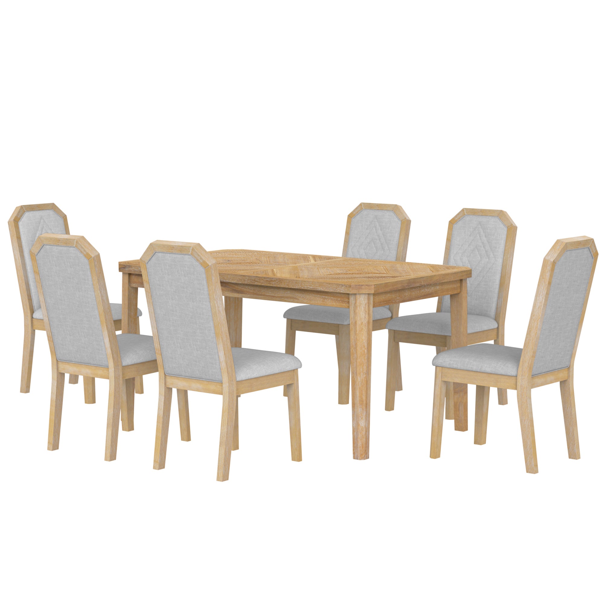 TREXM 7-Piece Farmhouse Dining Set Classic Rustic Table and 6 high-back design Chairs for Dining Room, Kitchen (Natural Wood Wash)