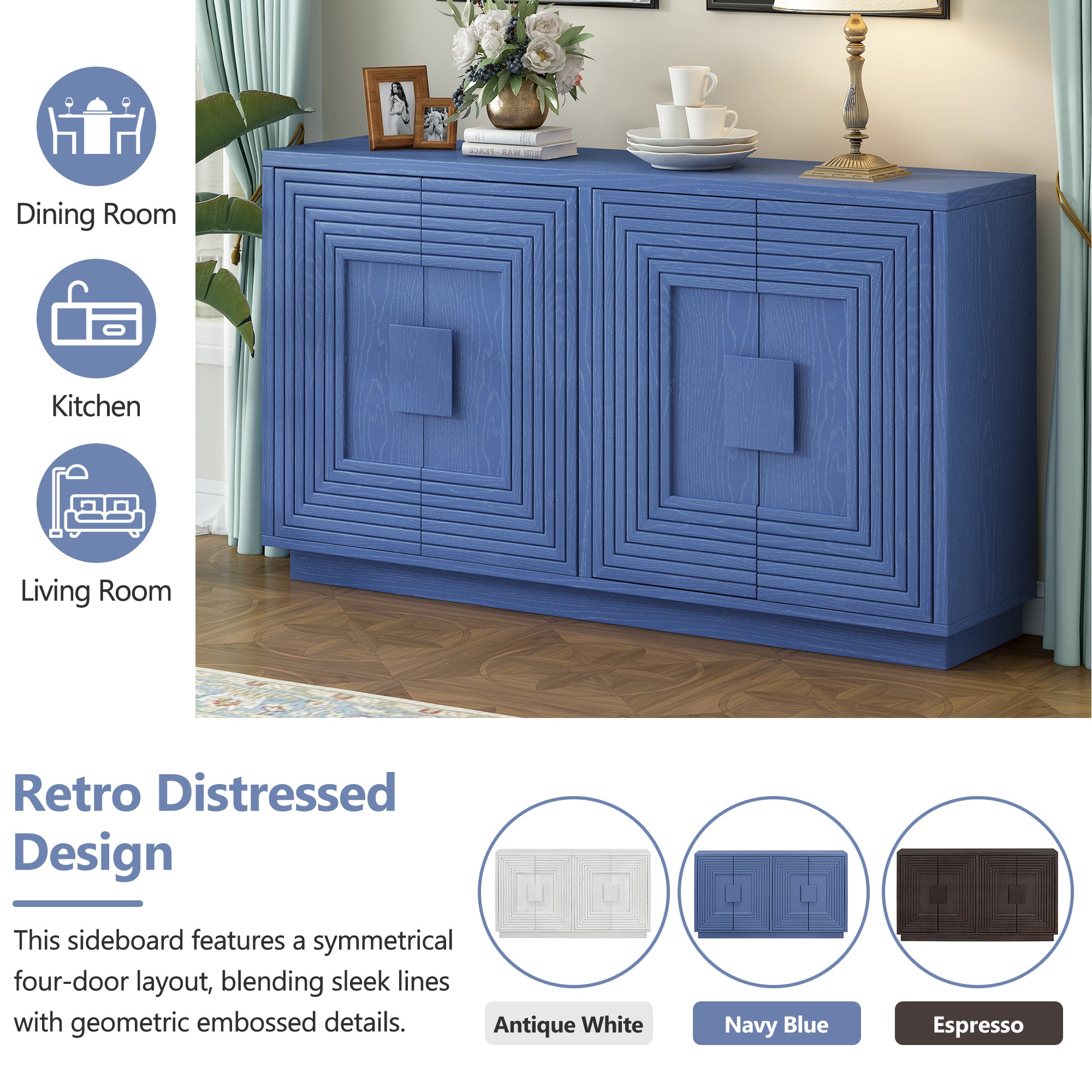 TREXM Vintage Distressed 4-Door Sideboard with Adjustable Shelves and Geometric Pattern for Dining Room, Kitchen and Living Room (Navy Blue)