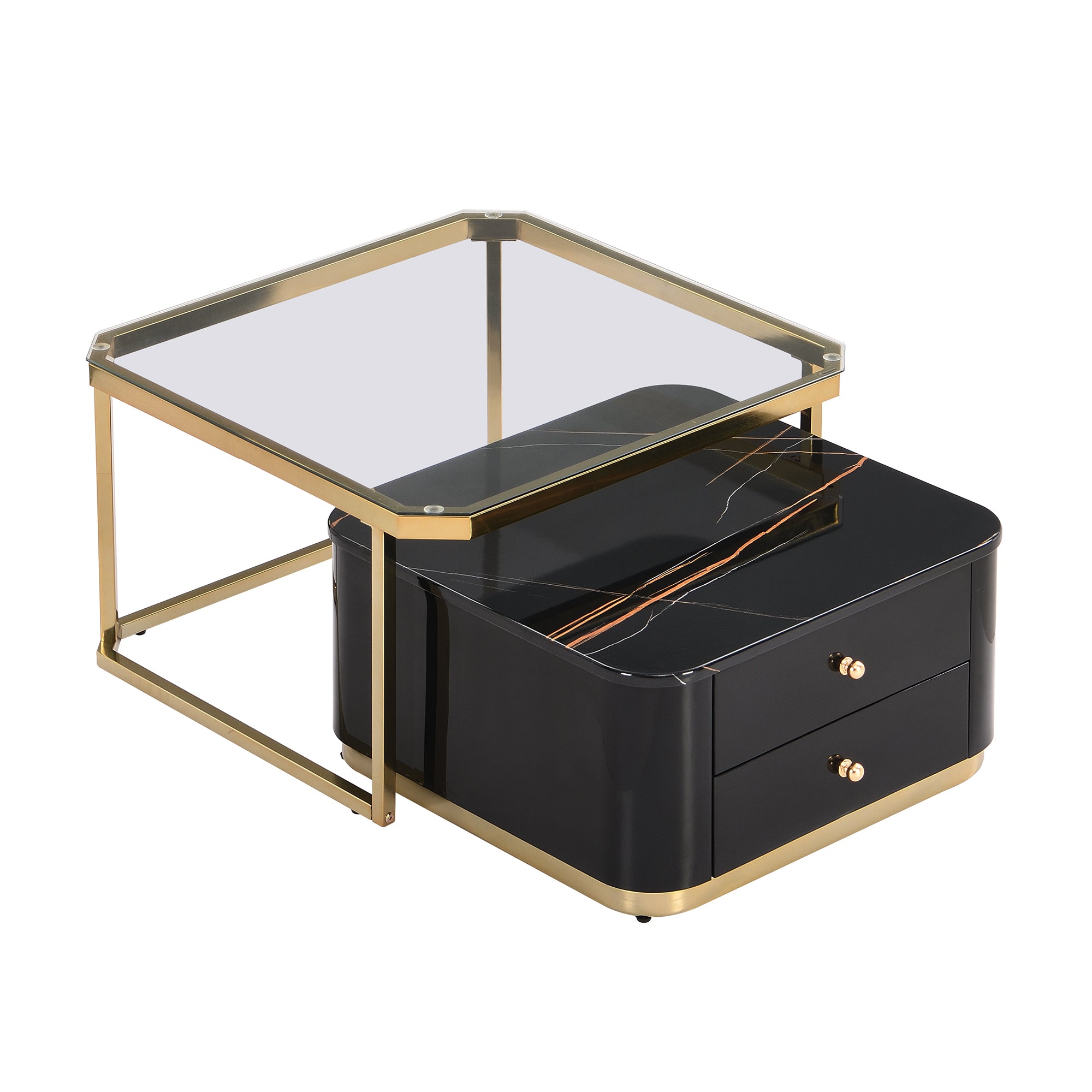 Modern 2 Pieces Black  Square Nesting  Coffee Table with Drawers & Electroplated gold legs in 27.6''