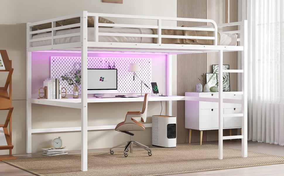 Metal Queen Size Loft Bed with Power Outlet and LED Lighted, Space-Saving, Noise Reduced, White