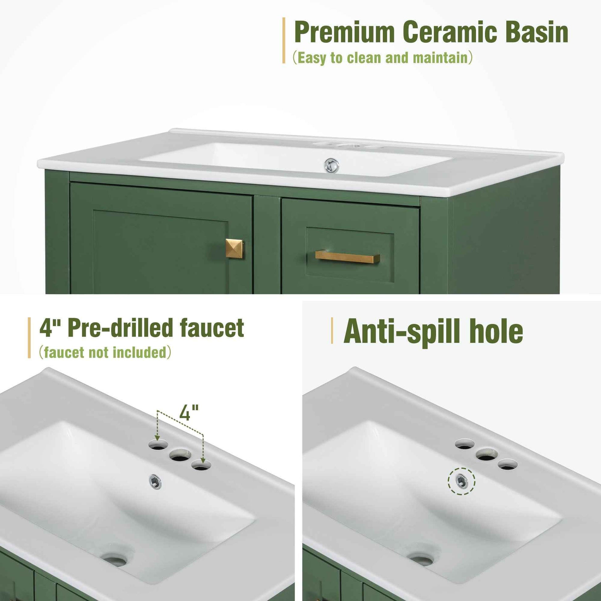 Modern Bathroom Vanity with Sink Combo Set, Solid Wood Frame, Green, 30 Inches