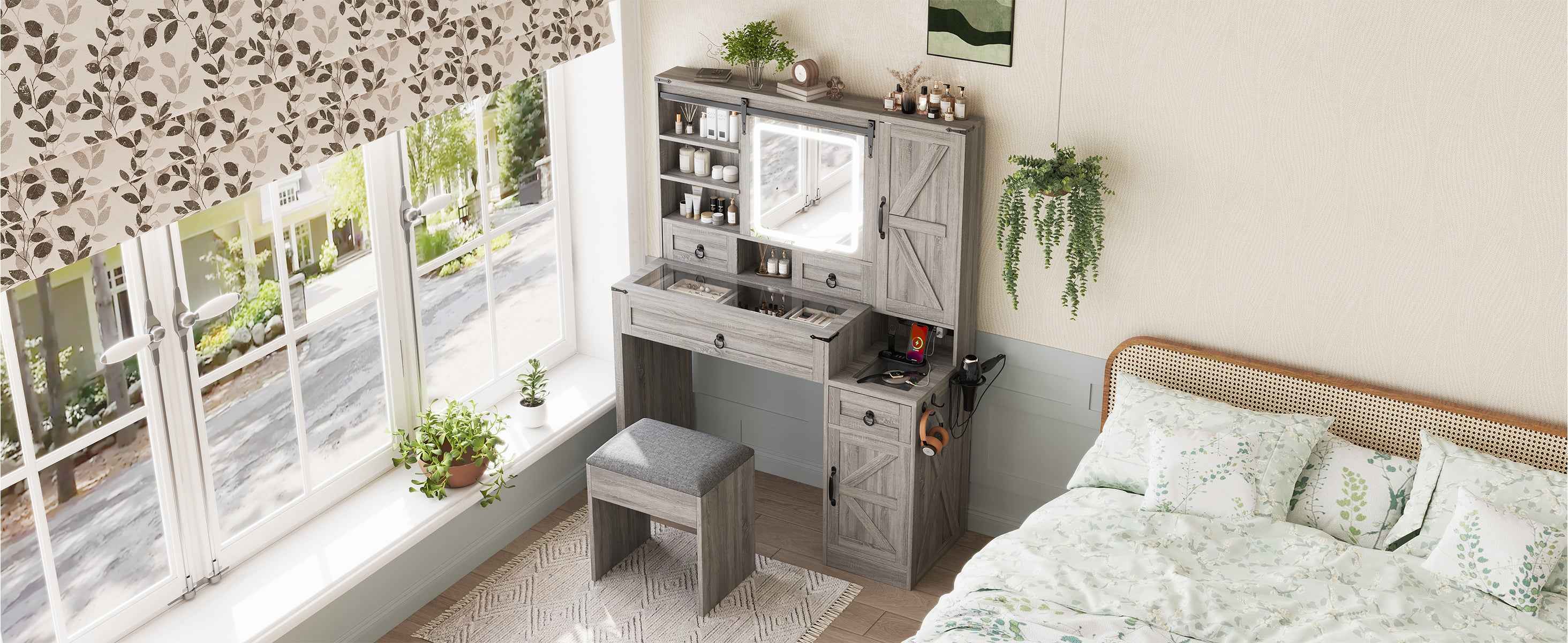 Farmhouse Vanity Desk with Sliding Mirror and Lights, Vanity Set with Glass Top and Charging Station ,Dressing Table with 4 Drawers and 2 Cabinets, Dressing Table with Stool for Bedroom, Gray