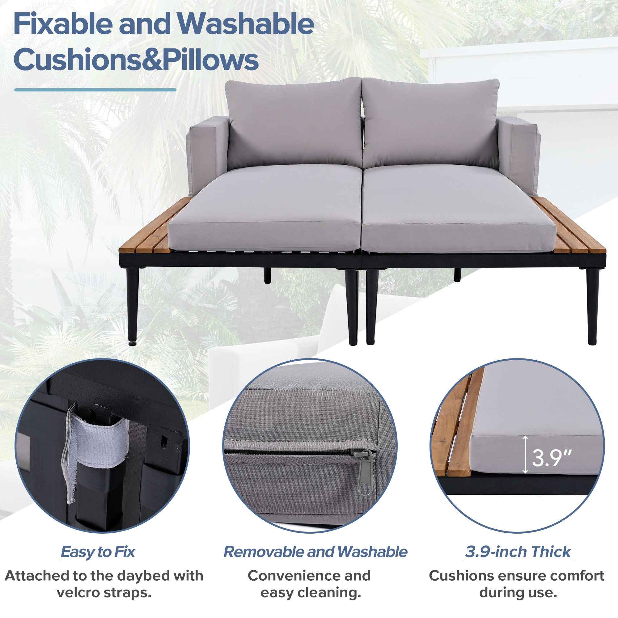 TOPMAX Modern Outdoor Daybed Patio Metal Daybed with Wood Topped Side Spaces for Drinks, 2 in 1 Padded Chaise Lounges for Poolside, Balcony, Deck, Gray