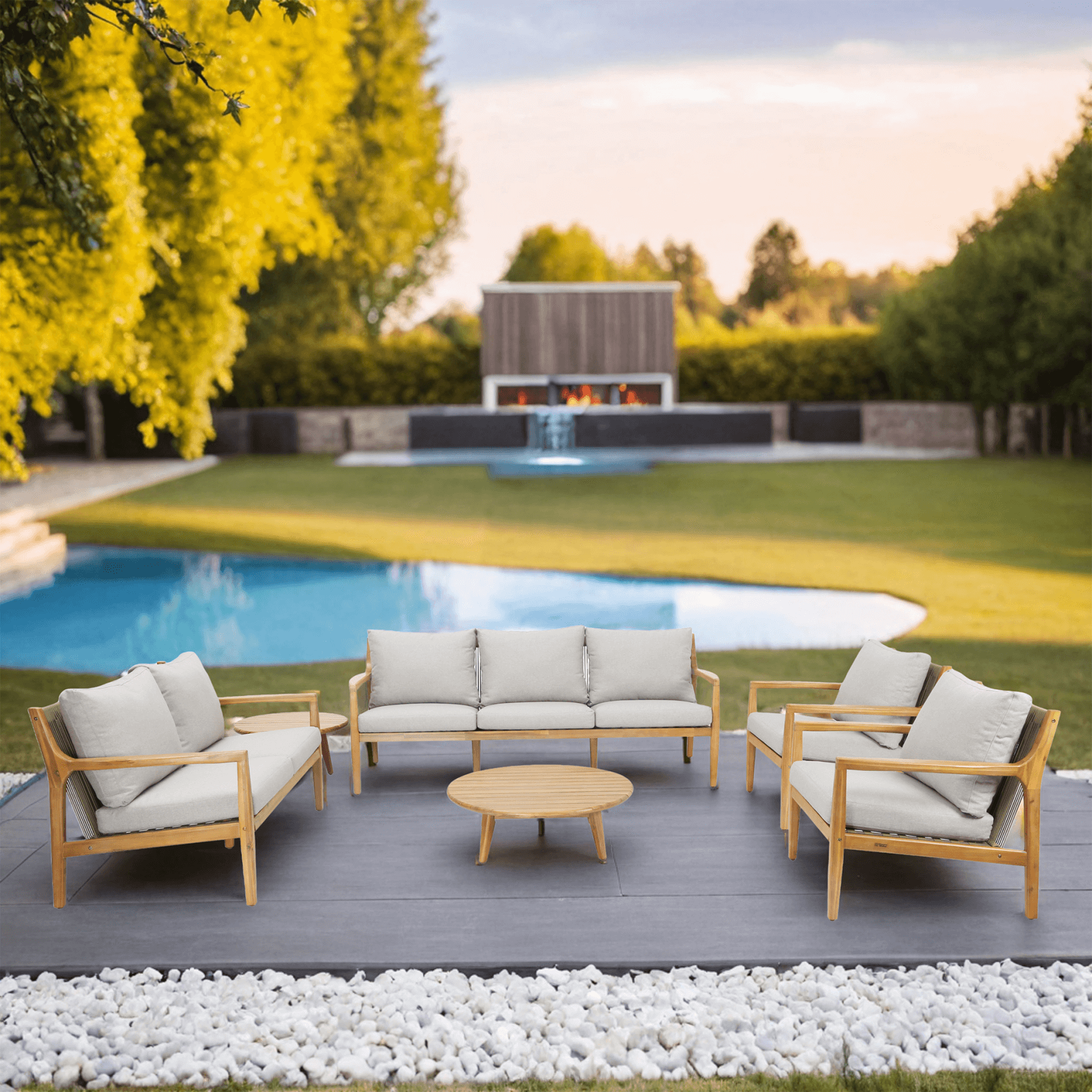 Natural Acacia Wood Outdoor Seating Set – 6-Piece Rustic Patio Sofa & Table Collection（PAS-2513-3SC+2SC+SC*2+TA+ST) - Abrihome