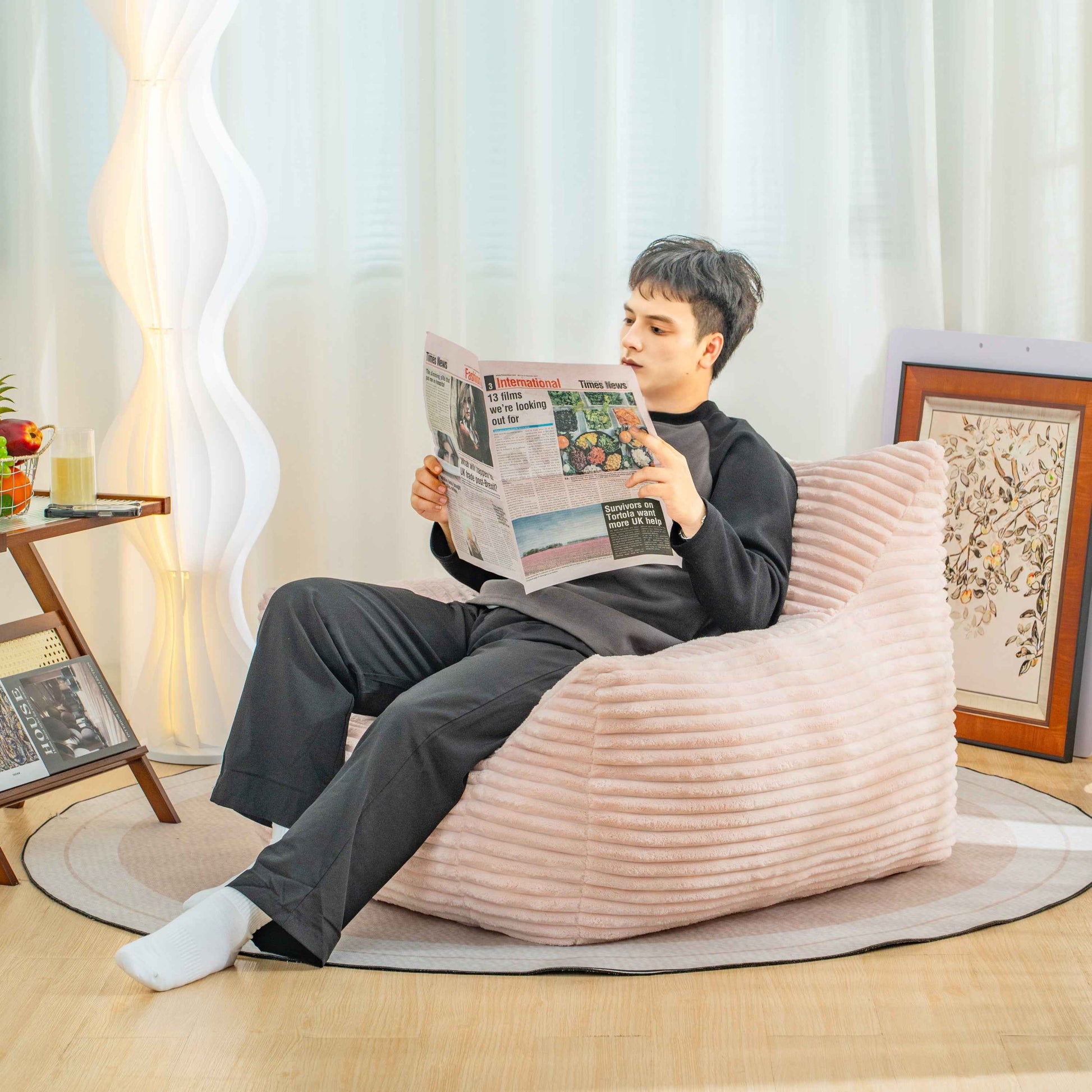 Bean Bag Chair for Adults with Armrests - Oversized Comfy Beige Beanbag Lounge Lazy Floor Sofa Chair for Living Room, Bedroom & Dorm, Cozy Fluffy Single Cloud Mini Couch