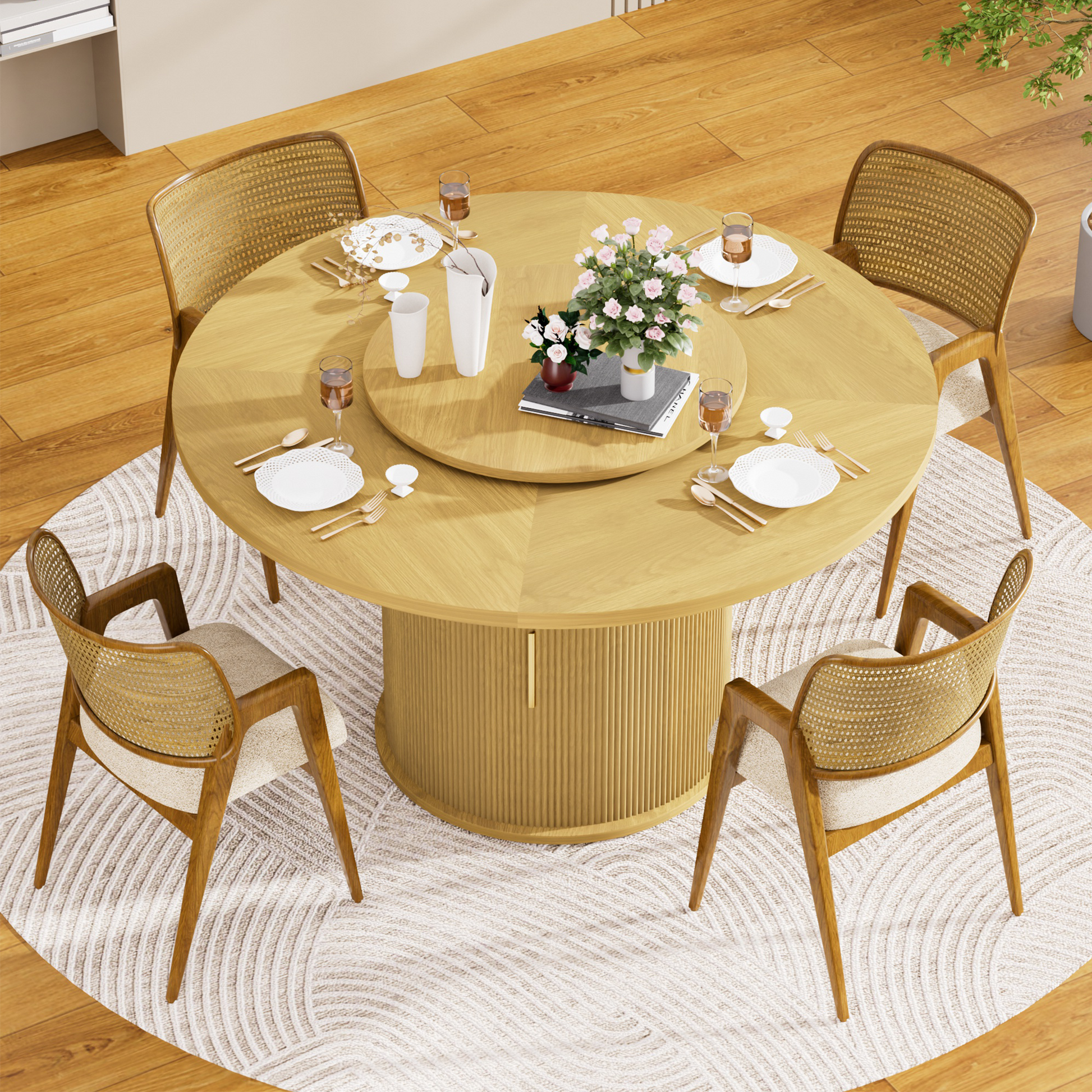 55-inch round dining table for six, featuring a double-tiered storage rack and a rotating tabletop tray. Wooden wavy-striped sliding doors. Ideal for home dining room living room (Natural).