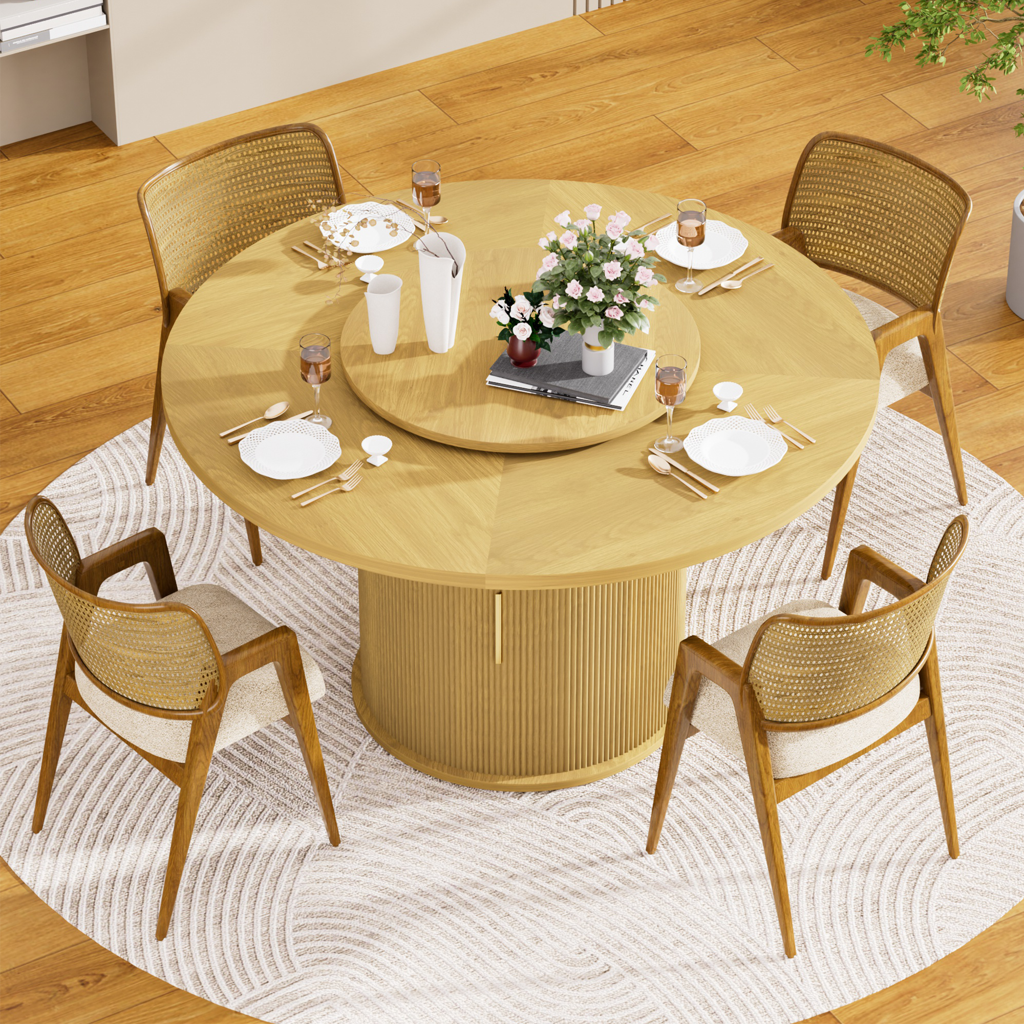 55-inch round dining table for six, featuring a double-tiered storage rack and a rotating tabletop tray. Wooden wavy-striped sliding doors. Ideal for home dining room living room (Natural).