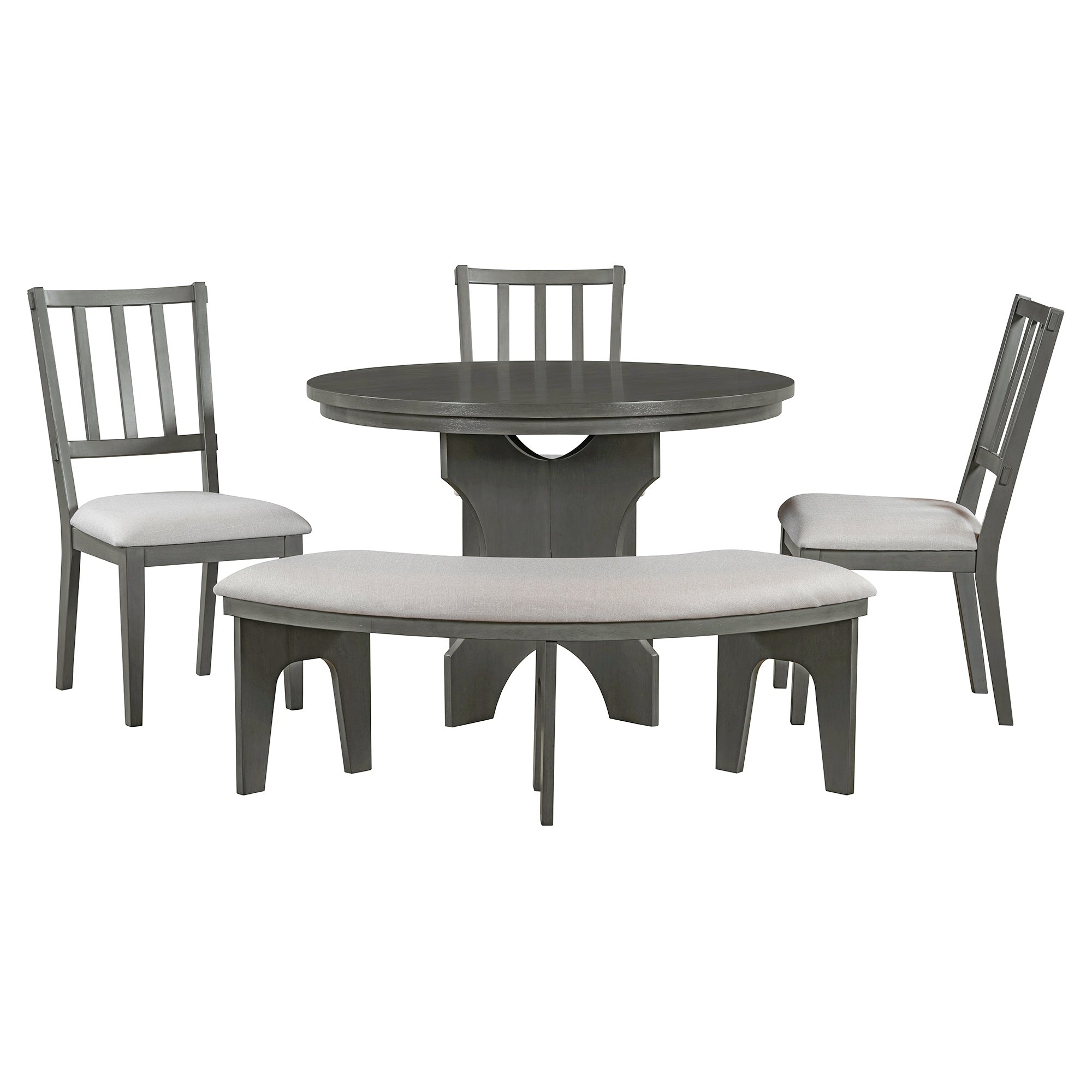 TREXM 5-piece Rustic Charm Round Dining Set with 3 Upholstered Chairs and Curved Bench for Dining Room, Kitchen and Living room (Gray)