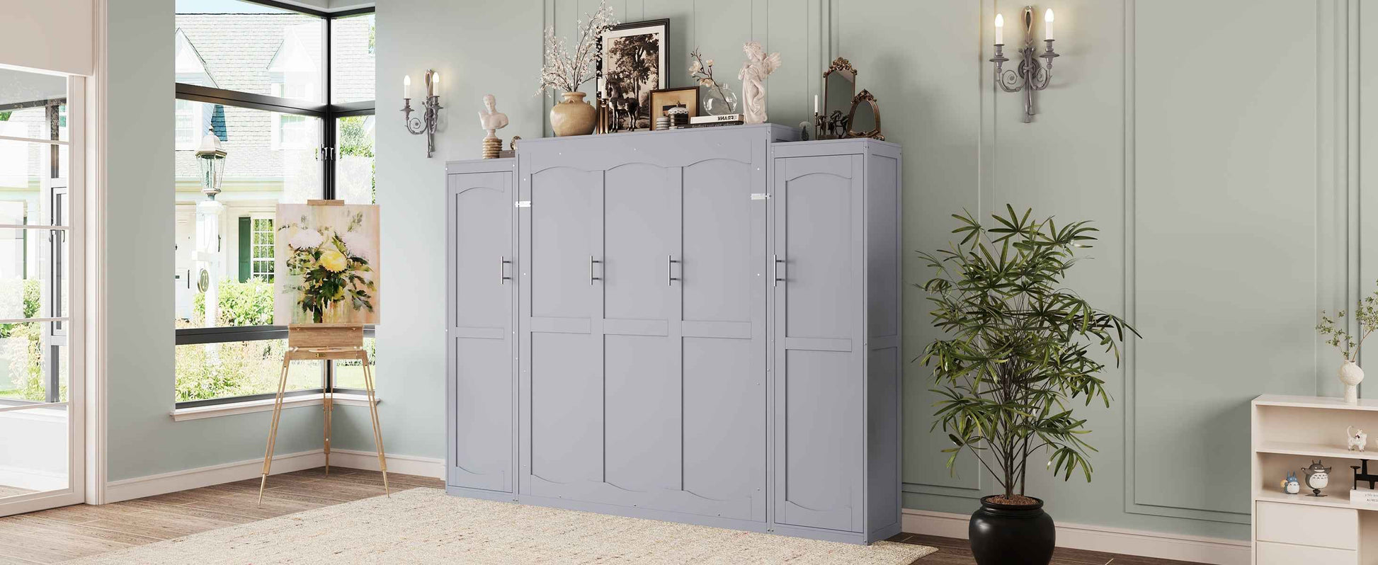 Full Size Murphy Bed, Wooden Full Wall Bed with 2 Wardrobe and Storage Shelf, Multifunctional Foldable Platform Bedframe for Guest-Room, Bedroom, Gray