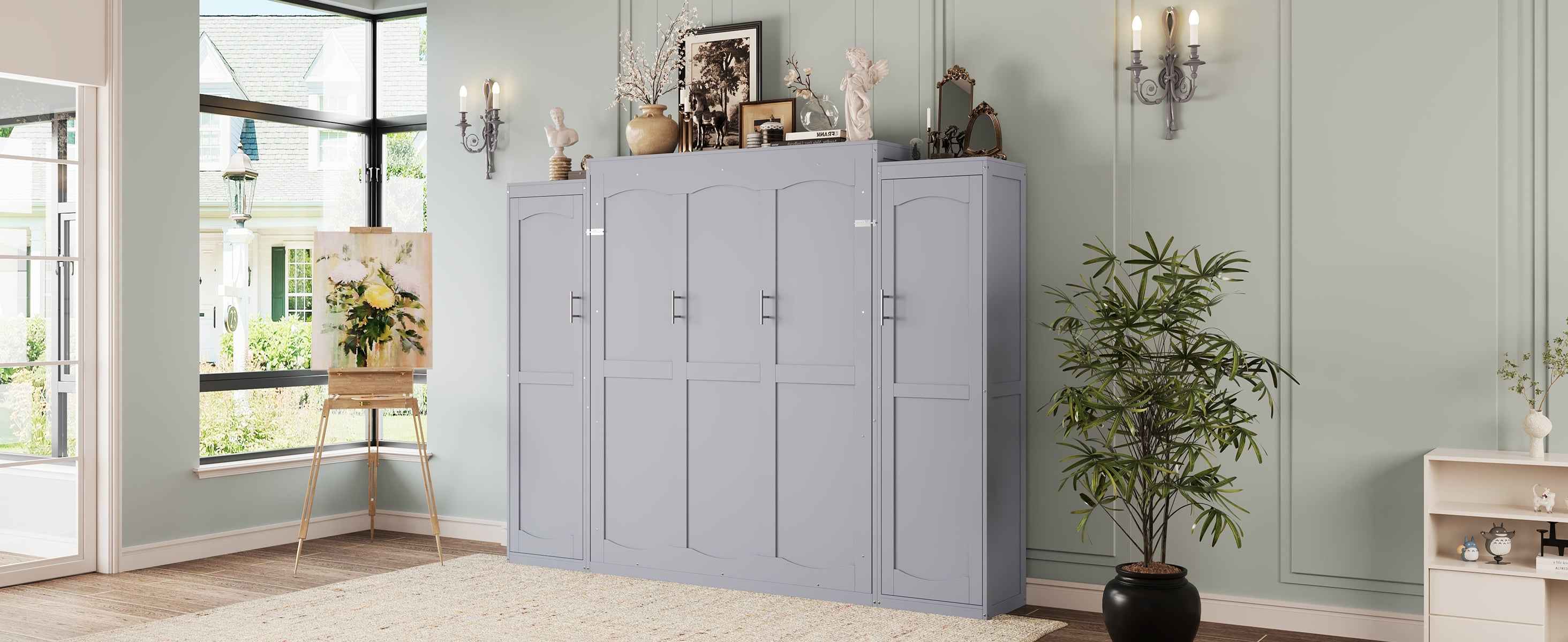 Full Size Murphy Bed, Wooden Full Wall Bed with 2 Wardrobe and Storage Shelf, Multifunctional Foldable Platform Bedframe for Guest-Room, Bedroom, Gray