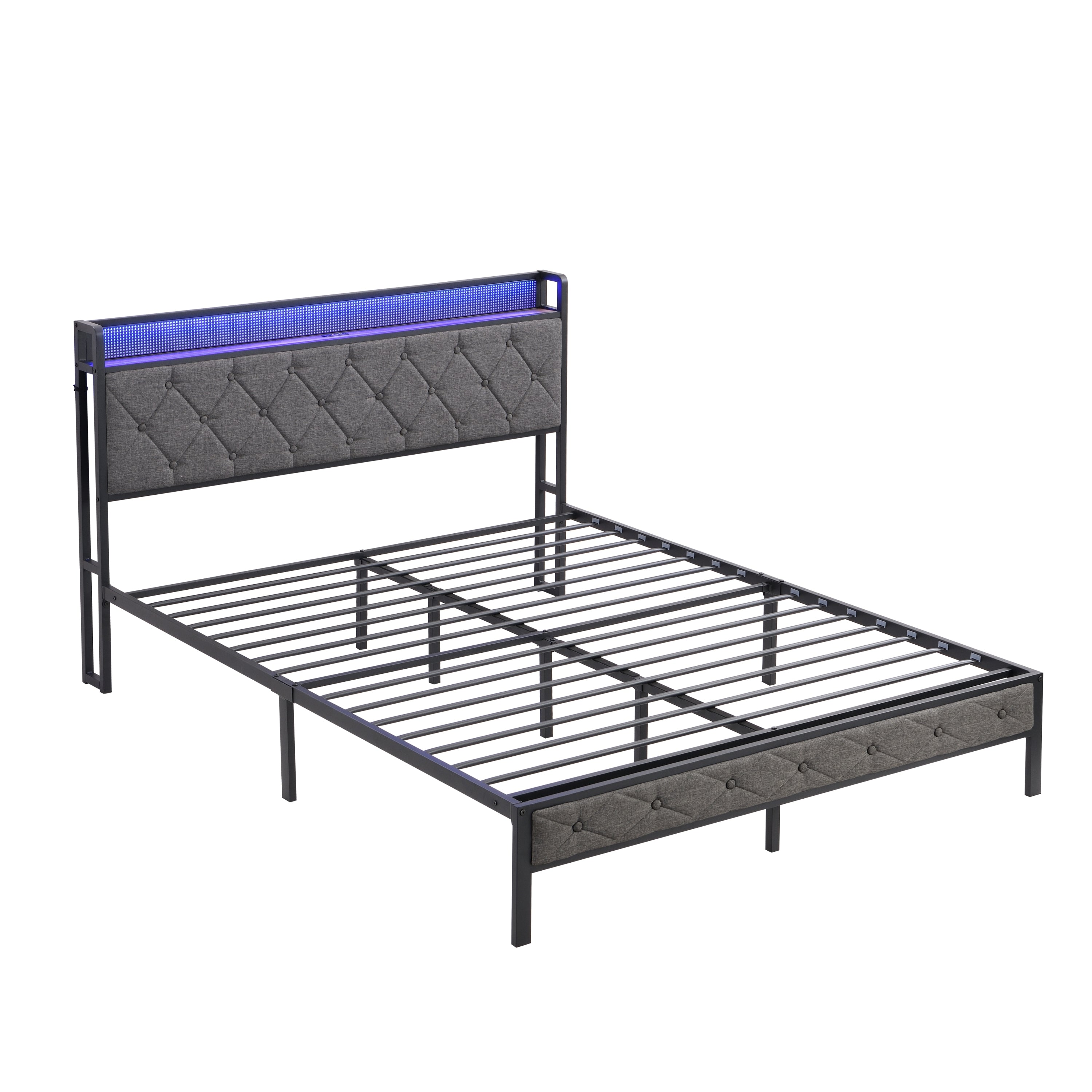 Full Bed Frame with  Storage Headboard, Charging Station and LED Lights, Upholstered Platform Bed with Heavy Metal Slats, No Box Spring Needed, Noise Free, Easy Assembly, Dark Gray