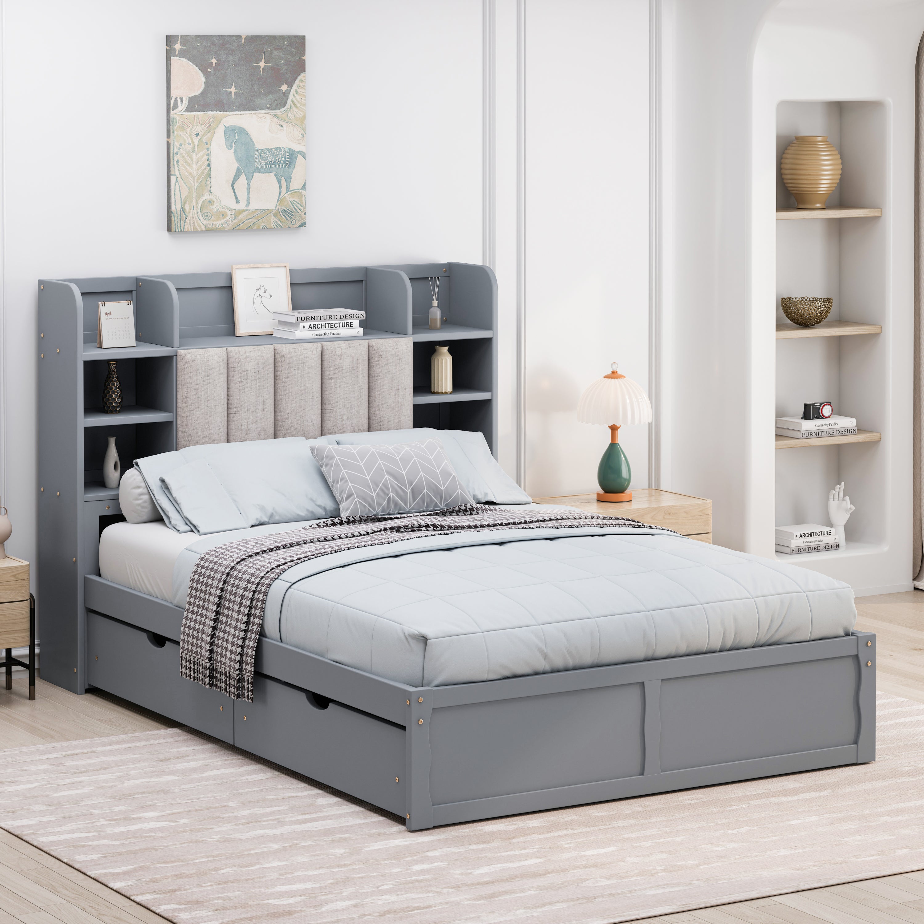 Multi-functional Full Size Bed Frame with 4 Under-bed Portable Storage Drawers and Multi-tier Bedside Storage Shelves, Grey
