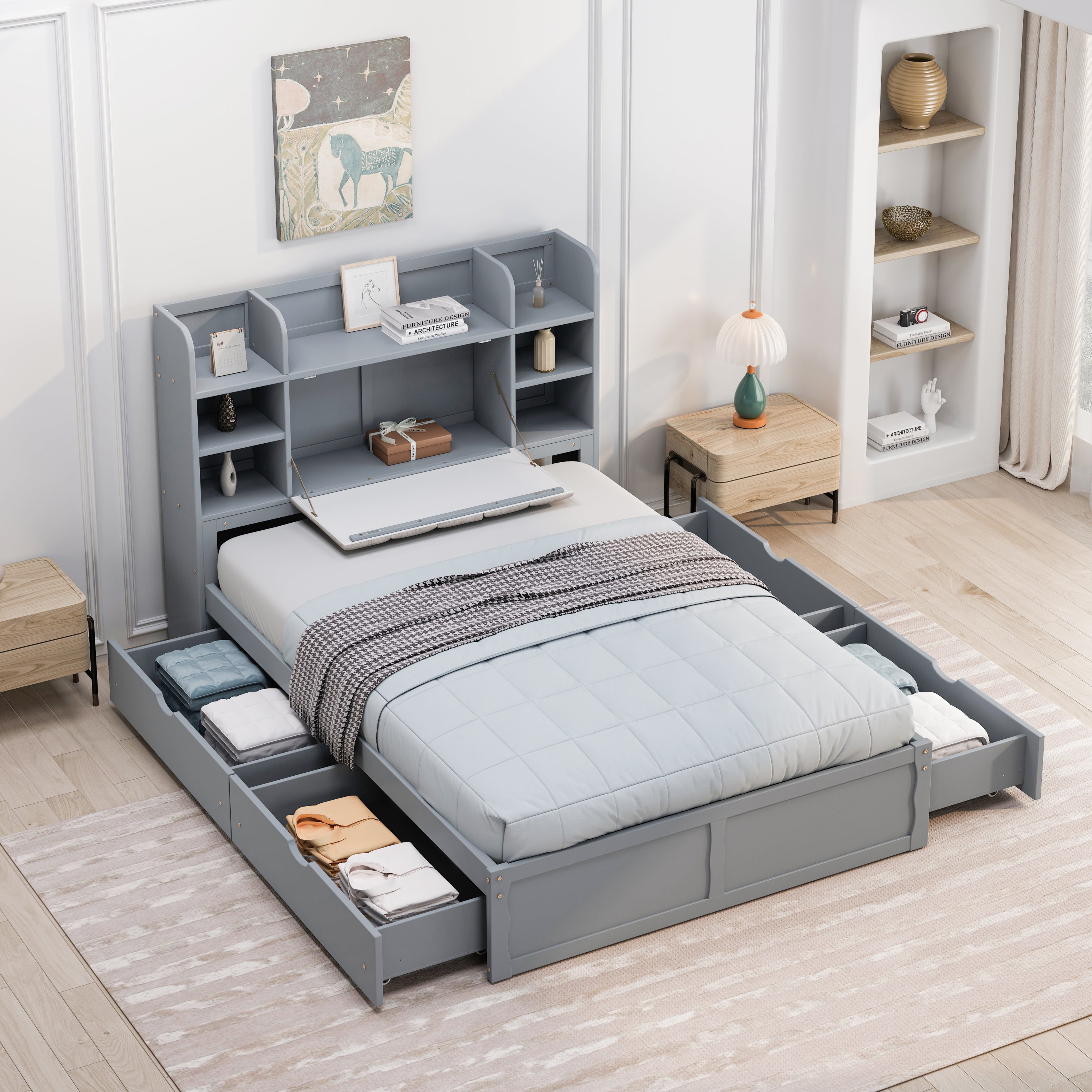 Multi-functional Full Size Bed Frame with 4 Under-bed Portable Storage Drawers and Multi-tier Bedside Storage Shelves, Grey