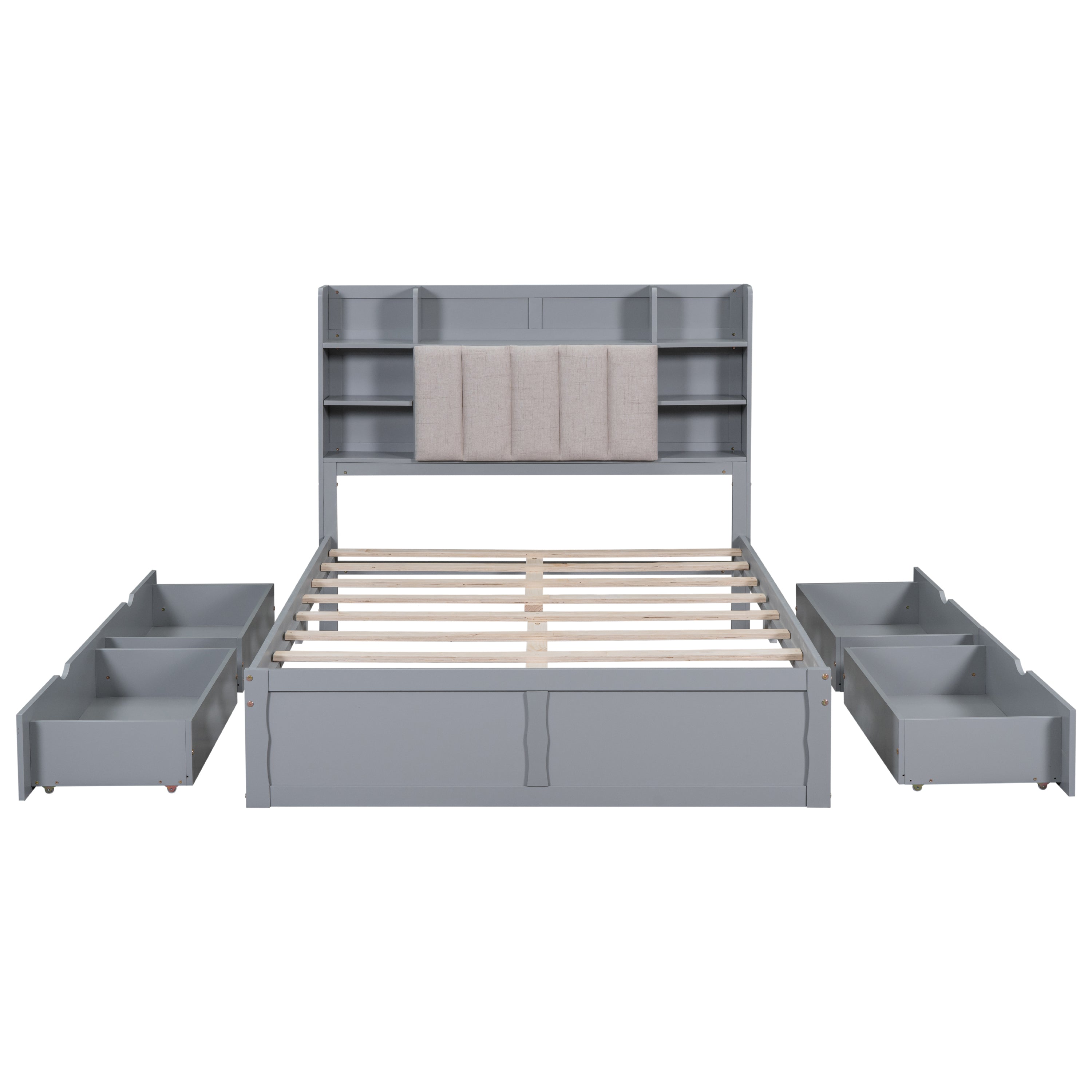 Multi-functional Full Size Bed Frame with 4 Under-bed Portable Storage Drawers and Multi-tier Bedside Storage Shelves, Grey