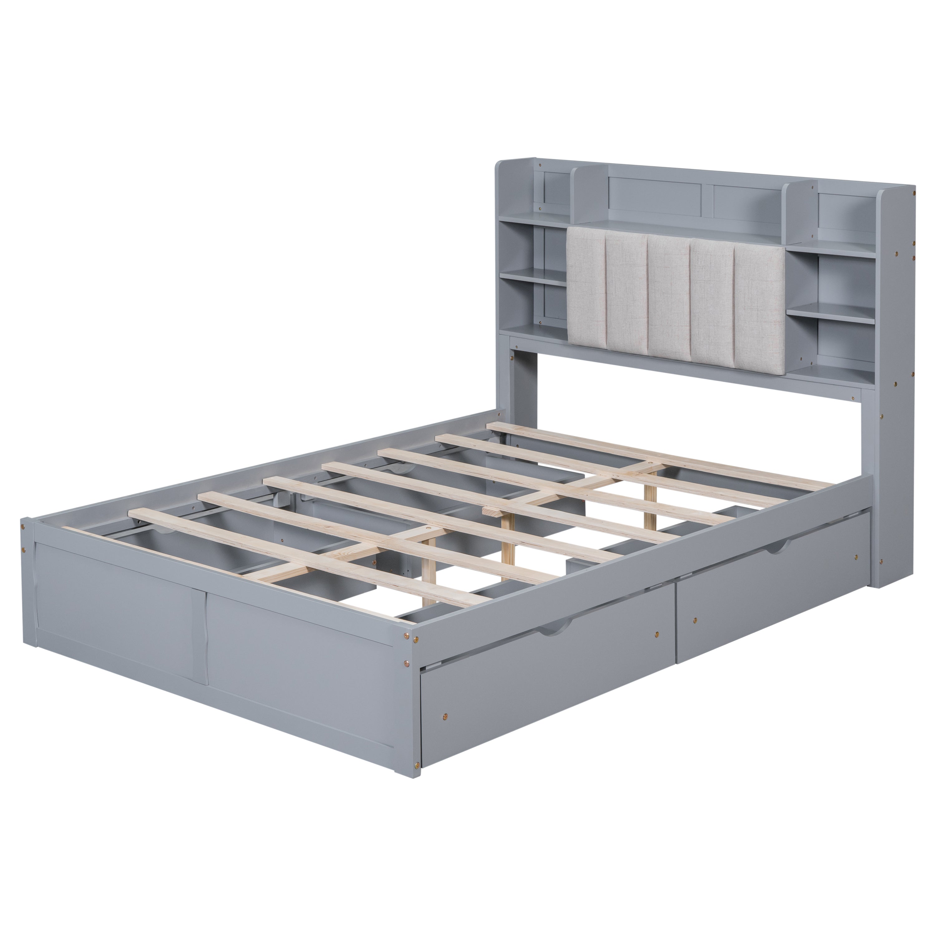 Multi-functional Full Size Bed Frame with 4 Under-bed Portable Storage Drawers and Multi-tier Bedside Storage Shelves, Grey