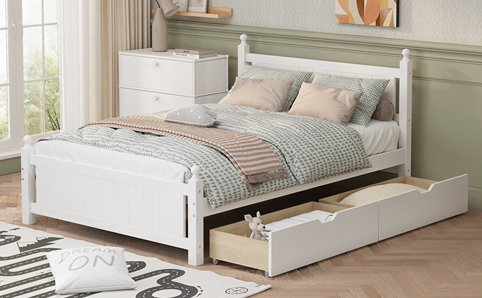 Full Size Solid Wood Platform Bed Frame with 2 drawers for Limited Space Kids, Teens, Adults, No Need Box Spring, White