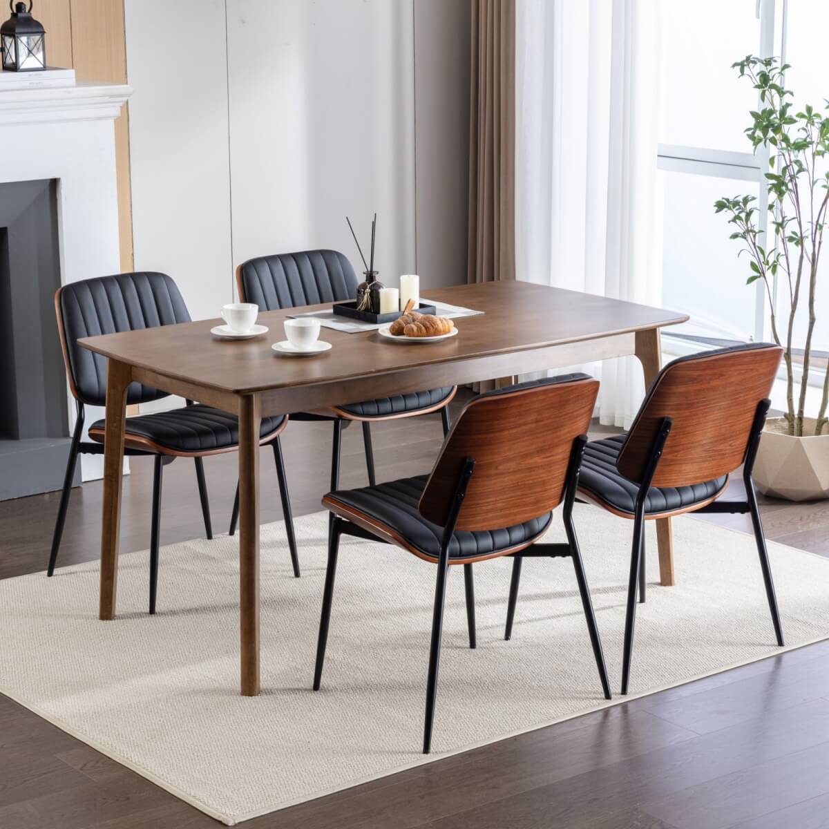 Mid-Century Modern Dining Chairs Set of 2, Faux Leather Seat, Walnut Bentwood Back, Black