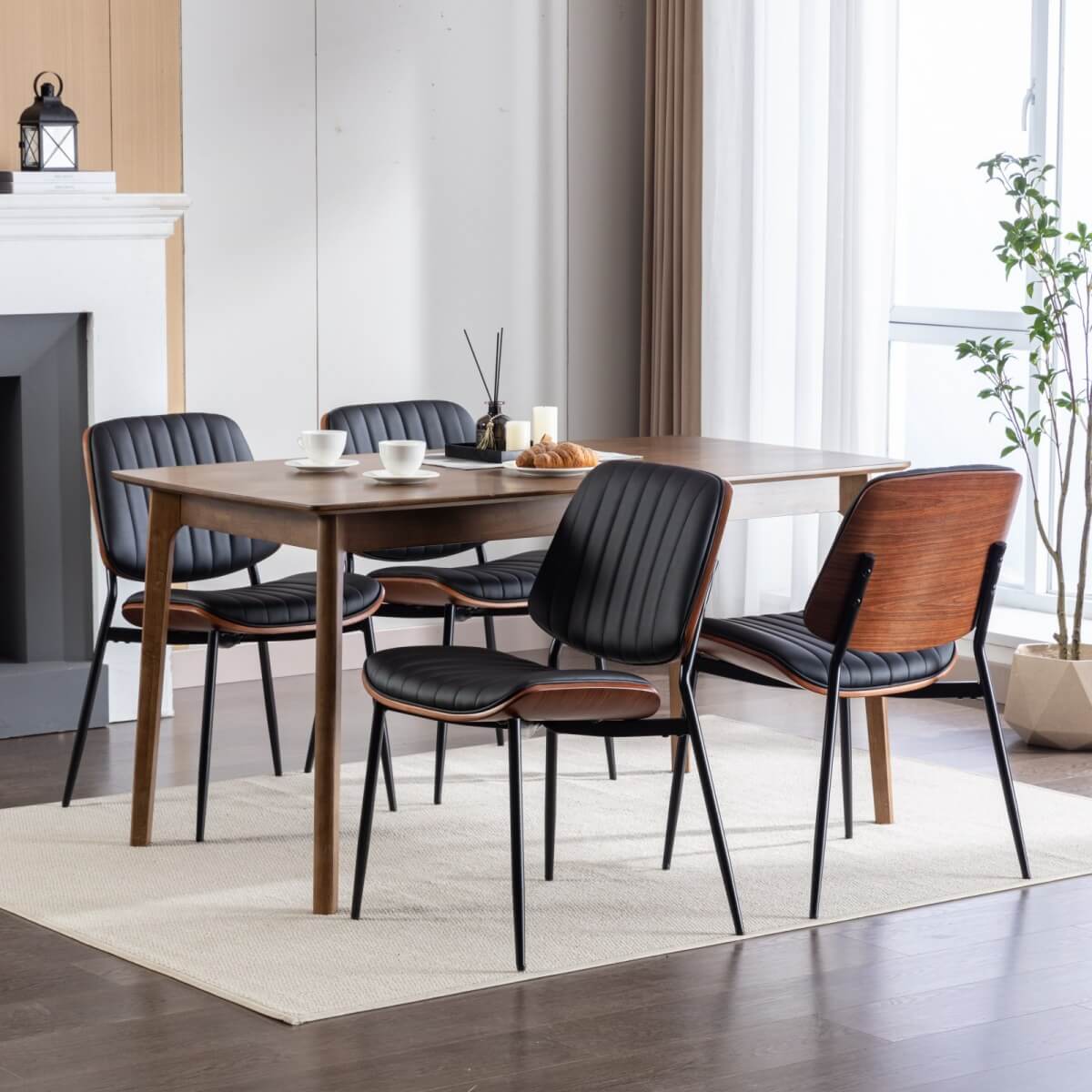 Mid-Century Modern Dining Chairs Set of 2, Faux Leather Seat, Walnut Bentwood Back, Black
