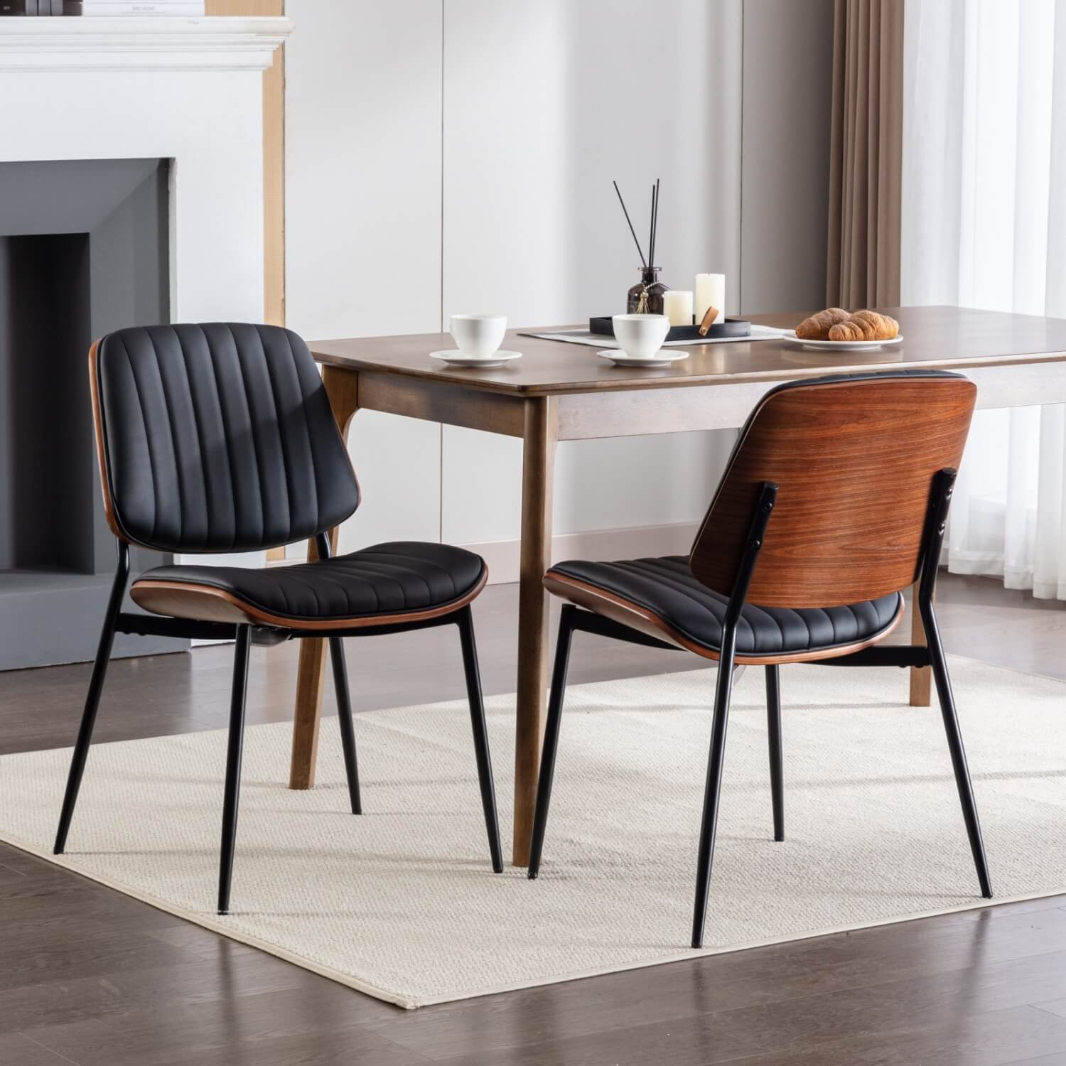 Mid-Century Modern Dining Chairs Set of 2, Faux Leather Seat, Walnut Bentwood Back, Black