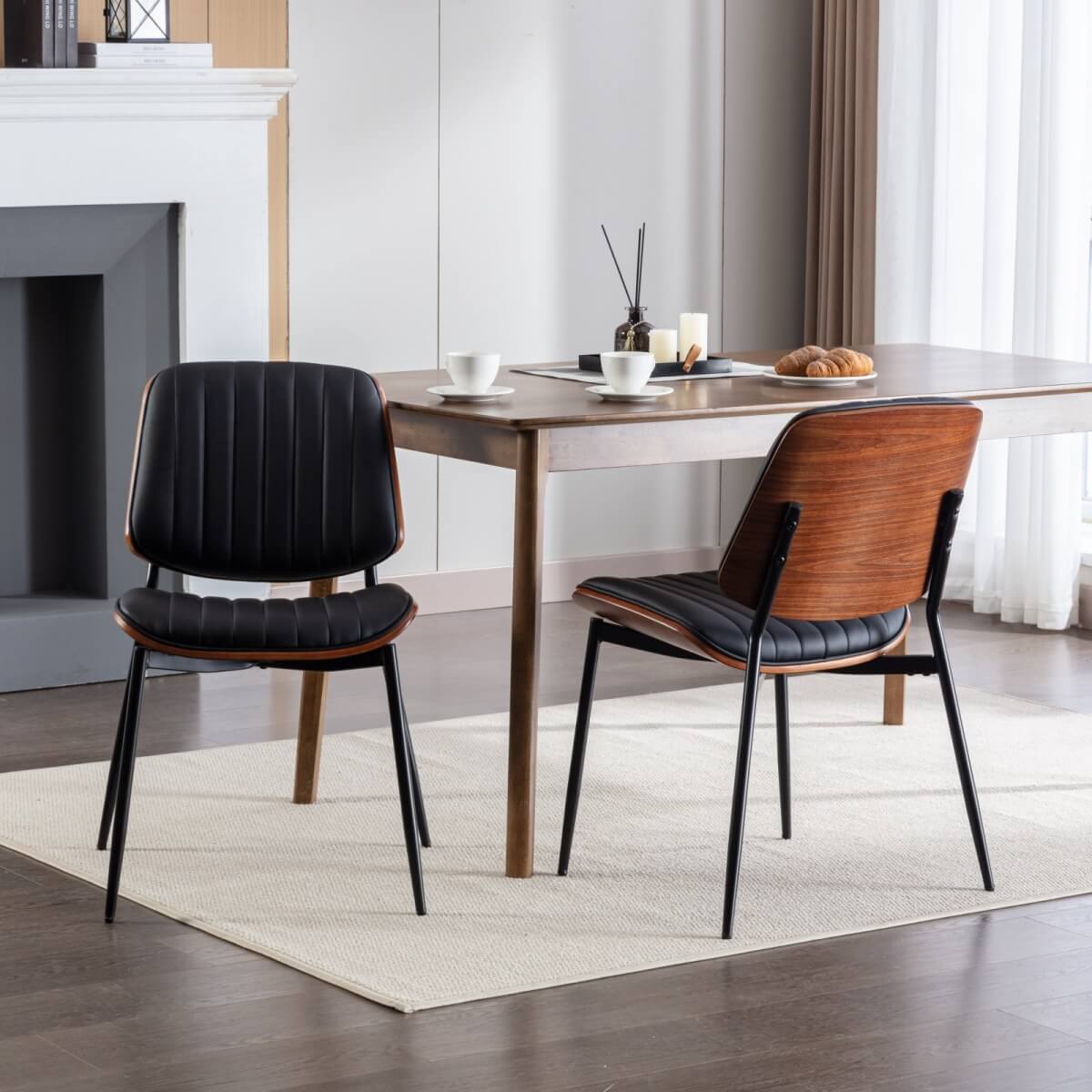Mid-Century Modern Dining Chairs Set of 2, Faux Leather Seat, Walnut Bentwood Back, Black