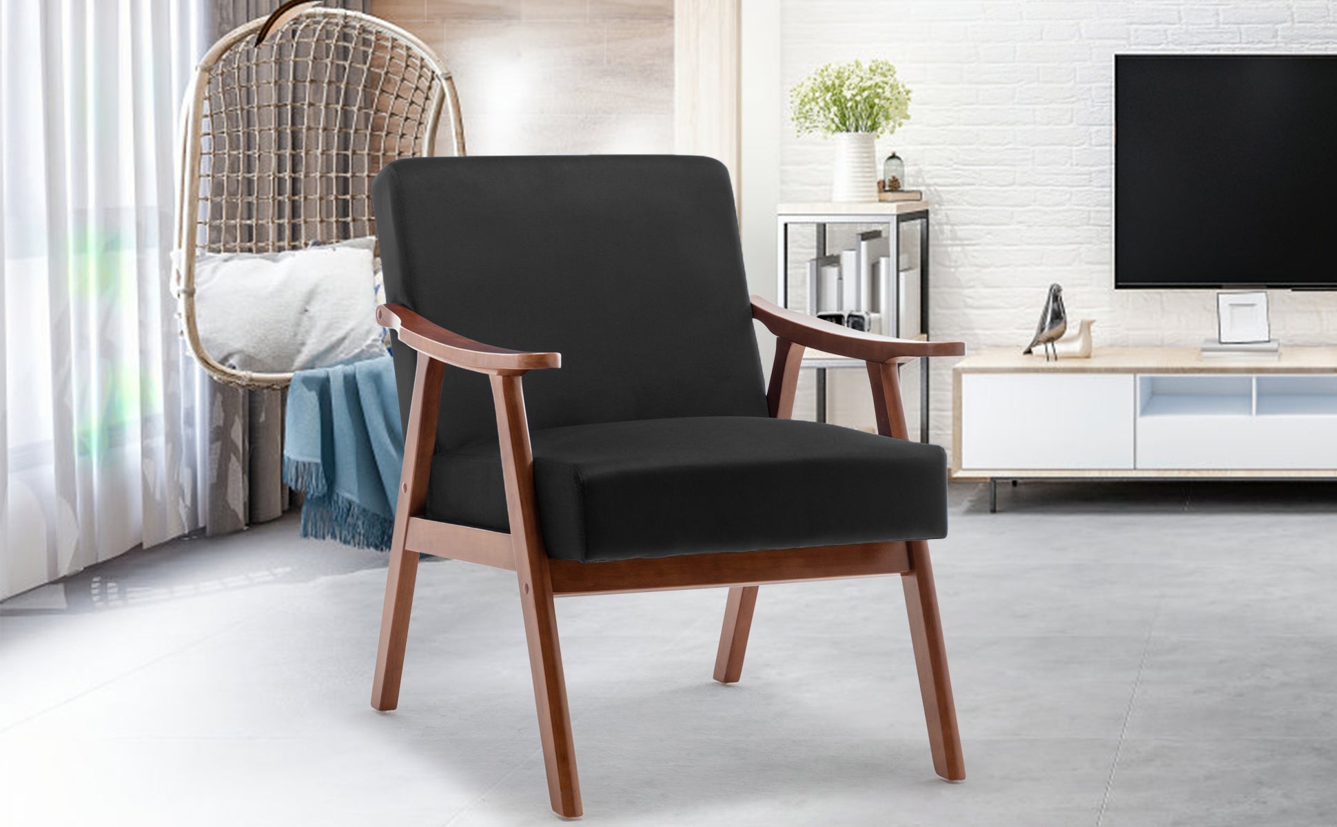 Mid-Century Modern Chair, Living Room Chair with Solid Wood Frame, Accent Chair Extra-Thick Backrest, Wingback Chair for Bedroom, Reading Room, Living Room, Lounge Chair Indoor