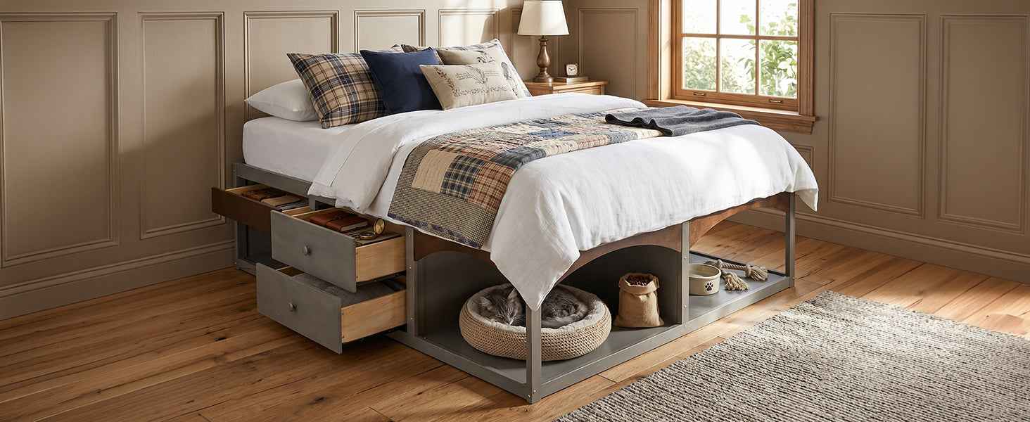 King Bed Frame with Storage Drawers, No Headboard Platform Bed, Pet-Friendly Design, No Box Spring Needed, Modern Minimalist Style-Antique Gray