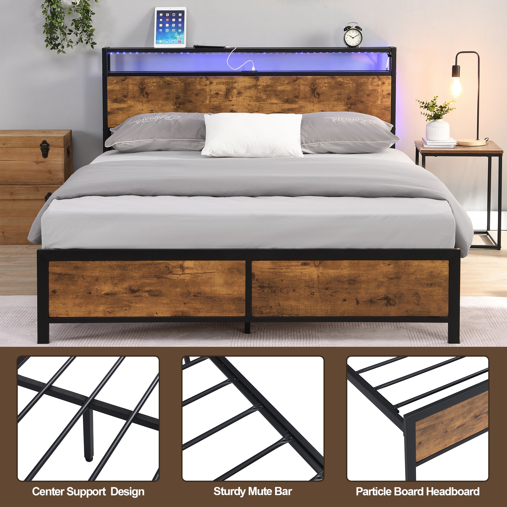 Industrial Queen Bed Frame with LED Lights and 2 USB Ports, Bed Frame Queen Size with Storage, Noise Free, No Box Spring Needed, Rustic Brown