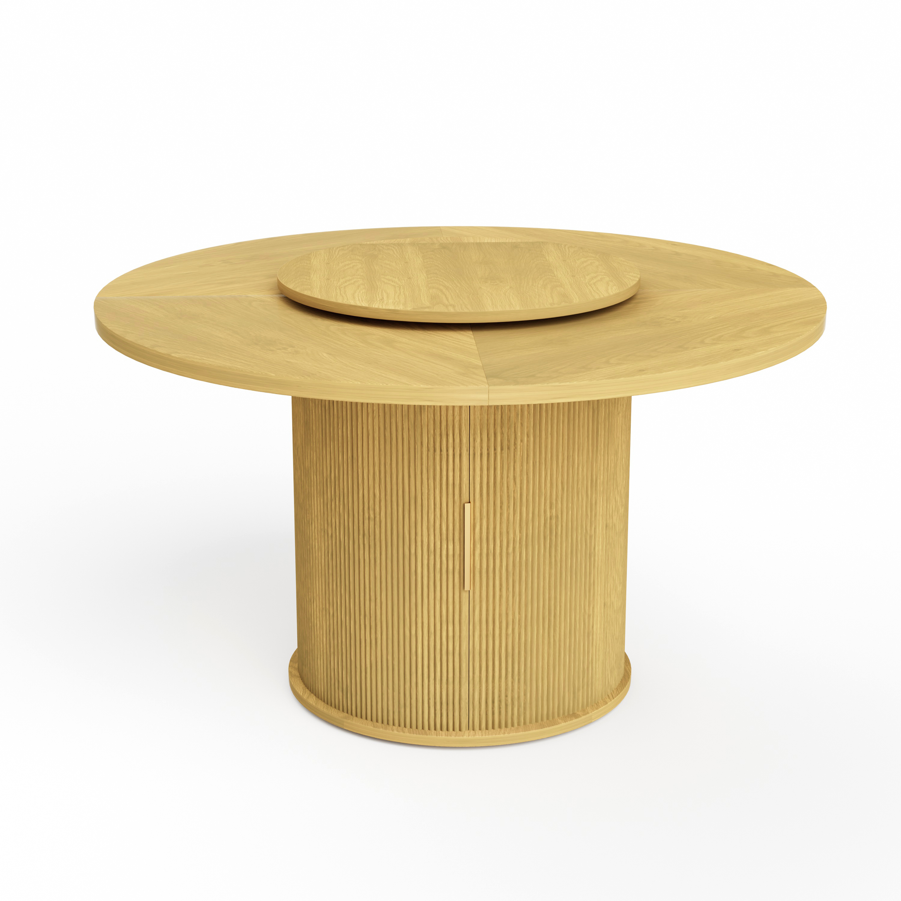 55-inch round dining table for six, featuring a double-tiered storage rack and a rotating tabletop tray. Wooden wavy-striped sliding doors. Ideal for home dining room living room (Natural).