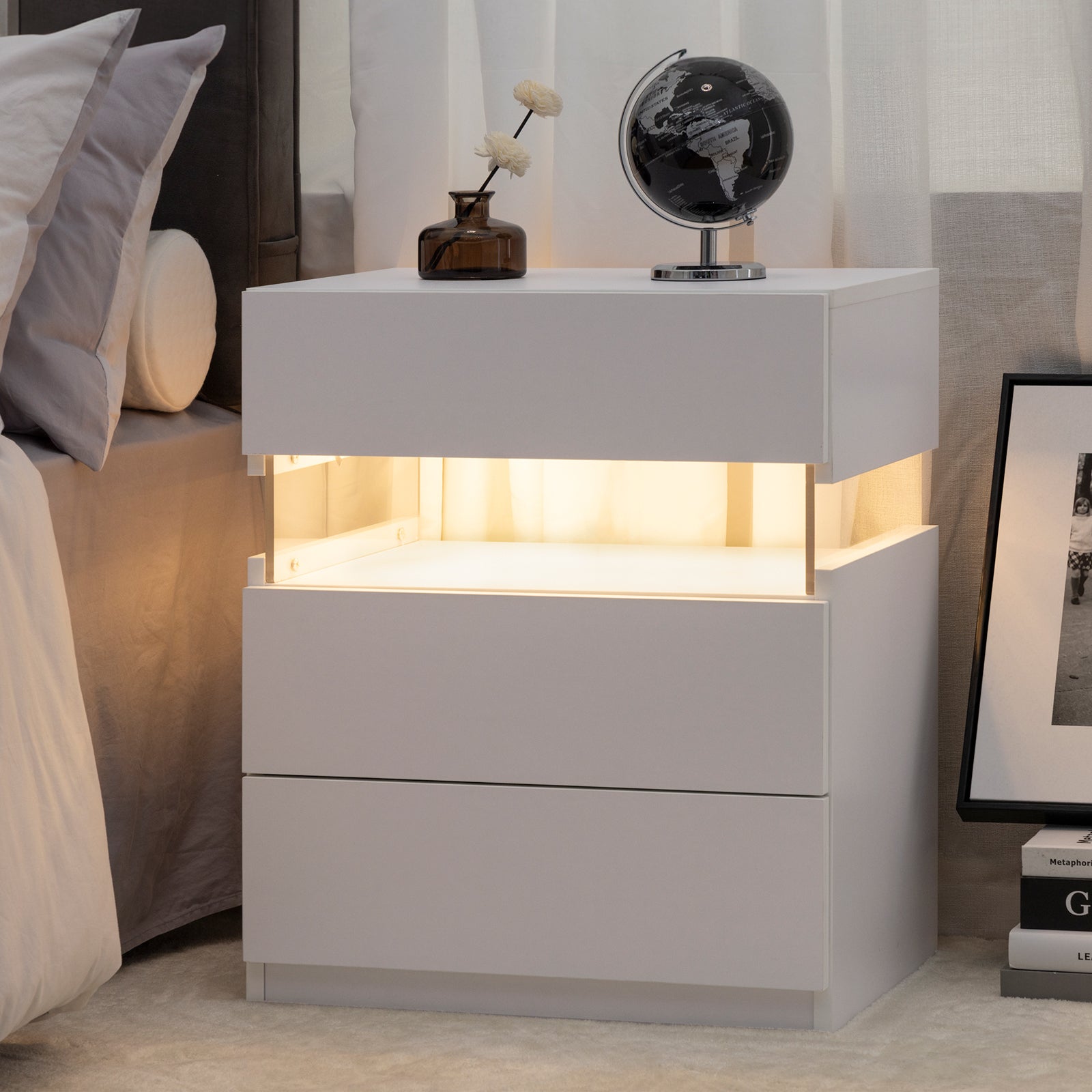 LED Nightstands 3 Drawer Dresser for Bedroom End Table with Acrylic Board LED Bedside Tables for Bedroom Living Room Bedside Furniture (White) - Abrihome