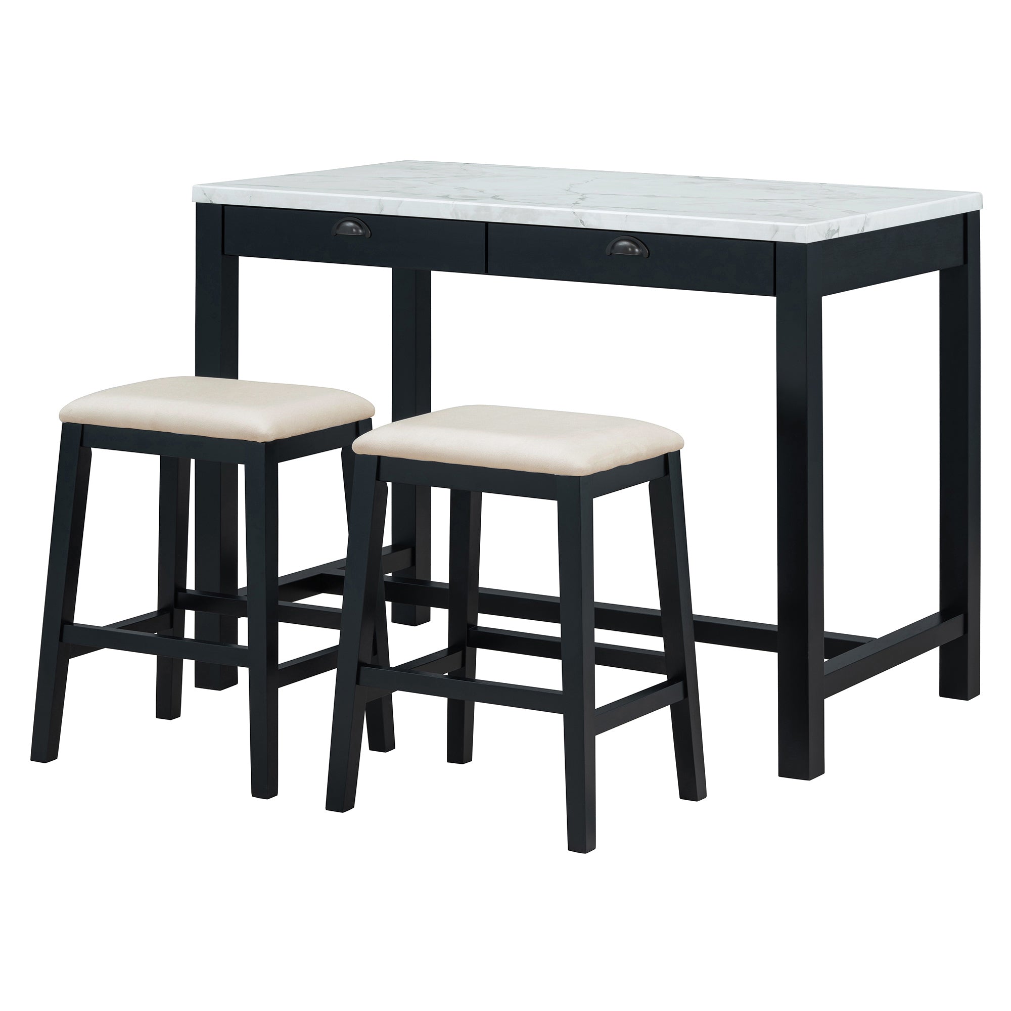 TREXM 3-Piece Modern Faux Marble Versatile Bar Table Set with Storage Drawers and Padded Stools, Ideal for Space-Saving Dining Nooks or Small Kitchens (Black)