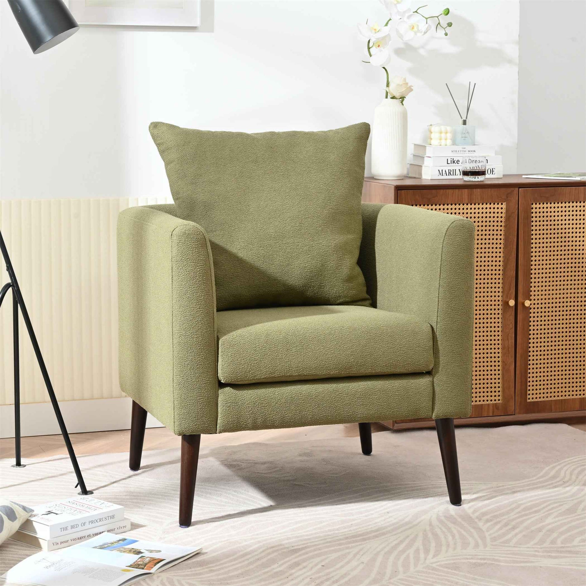 Modern Fabric Accent Chair, Upholstered Armchair for Living Room, Mid Century Fabric Lounge Chair w/Pillow, Comfortable Reading Chair with Wood Legs for Living Room, Bedroom, Reception Room (Olive)