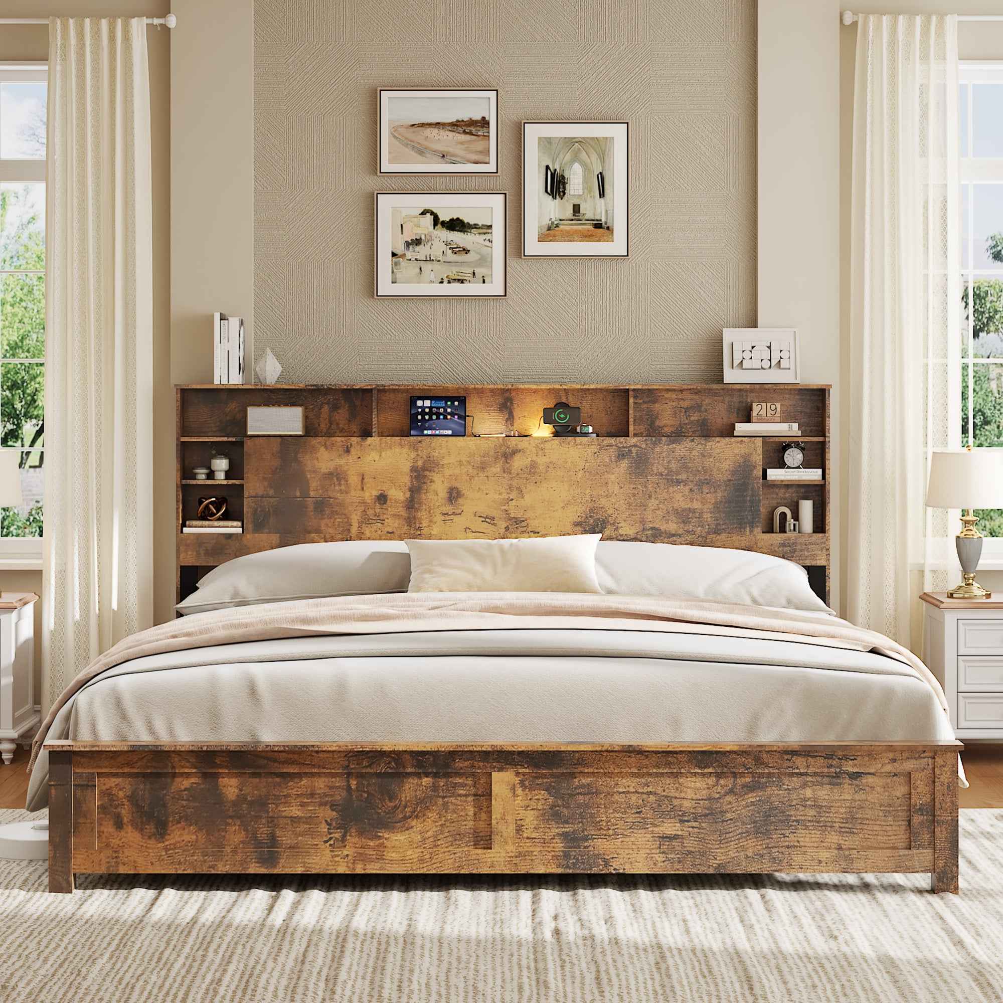 King Size Bed Frame with Storage Headboard, Wood Platform Bed Frame with Charging Station, LED Lights & Bookcase, No Box Spring Needed, Dark Brown