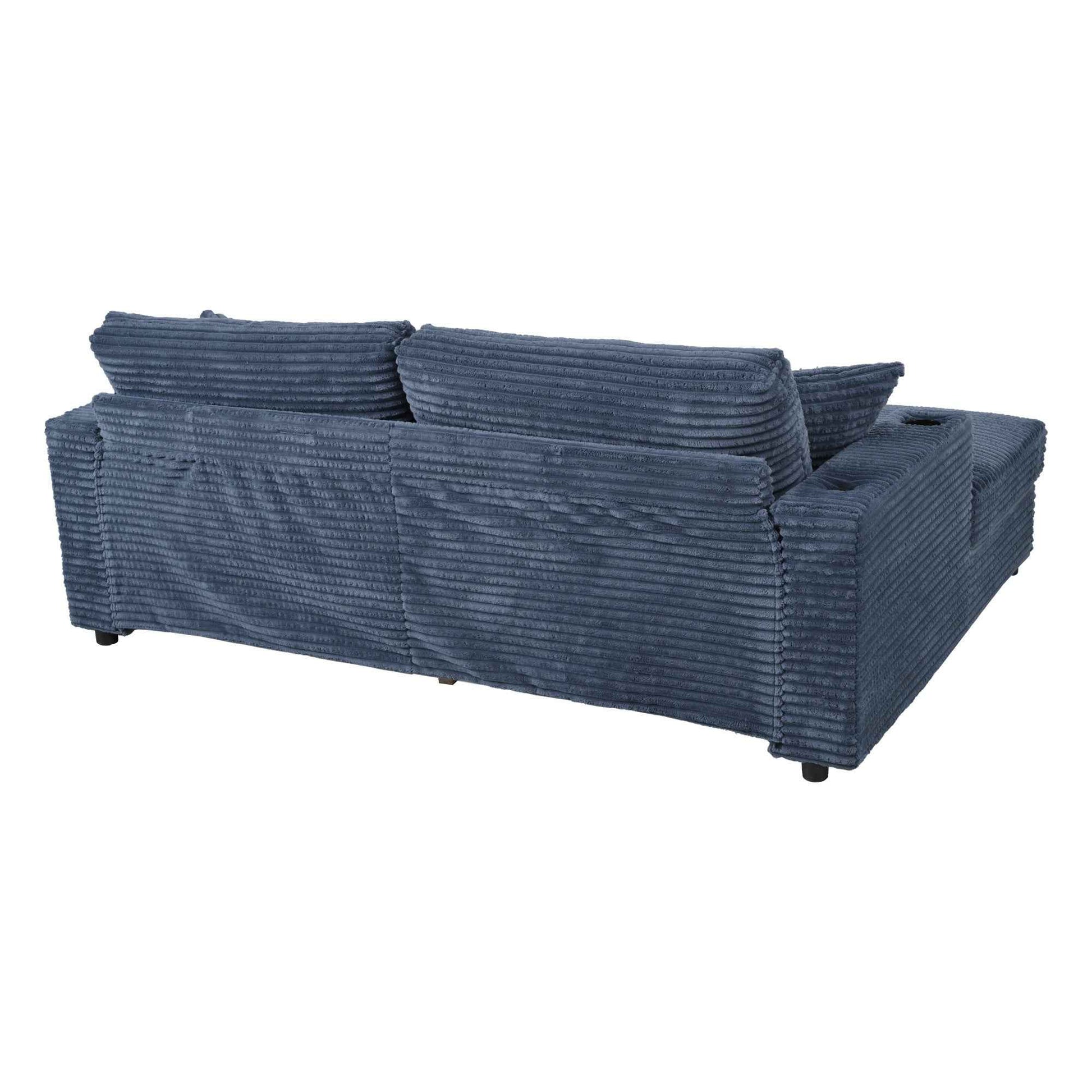 Oversized Loveseat Chaise Lounge Sectional Sofa Bed with USB Ports, Cup Holders, and Throw Pillows, Blue Corduroy