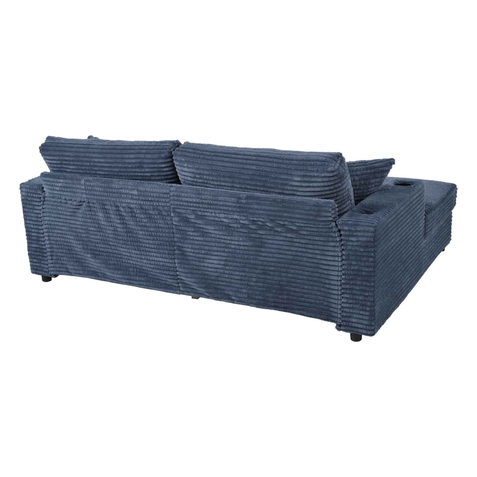 Oversized Loveseat Chaise Lounge Sectional Sofa Bed with USB Ports, Cup Holders, and Throw Pillows, Blue Corduroy